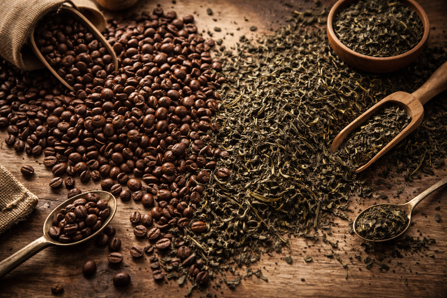 Kaffeebohnen und getrocknete Teeblätter auf Holztisch