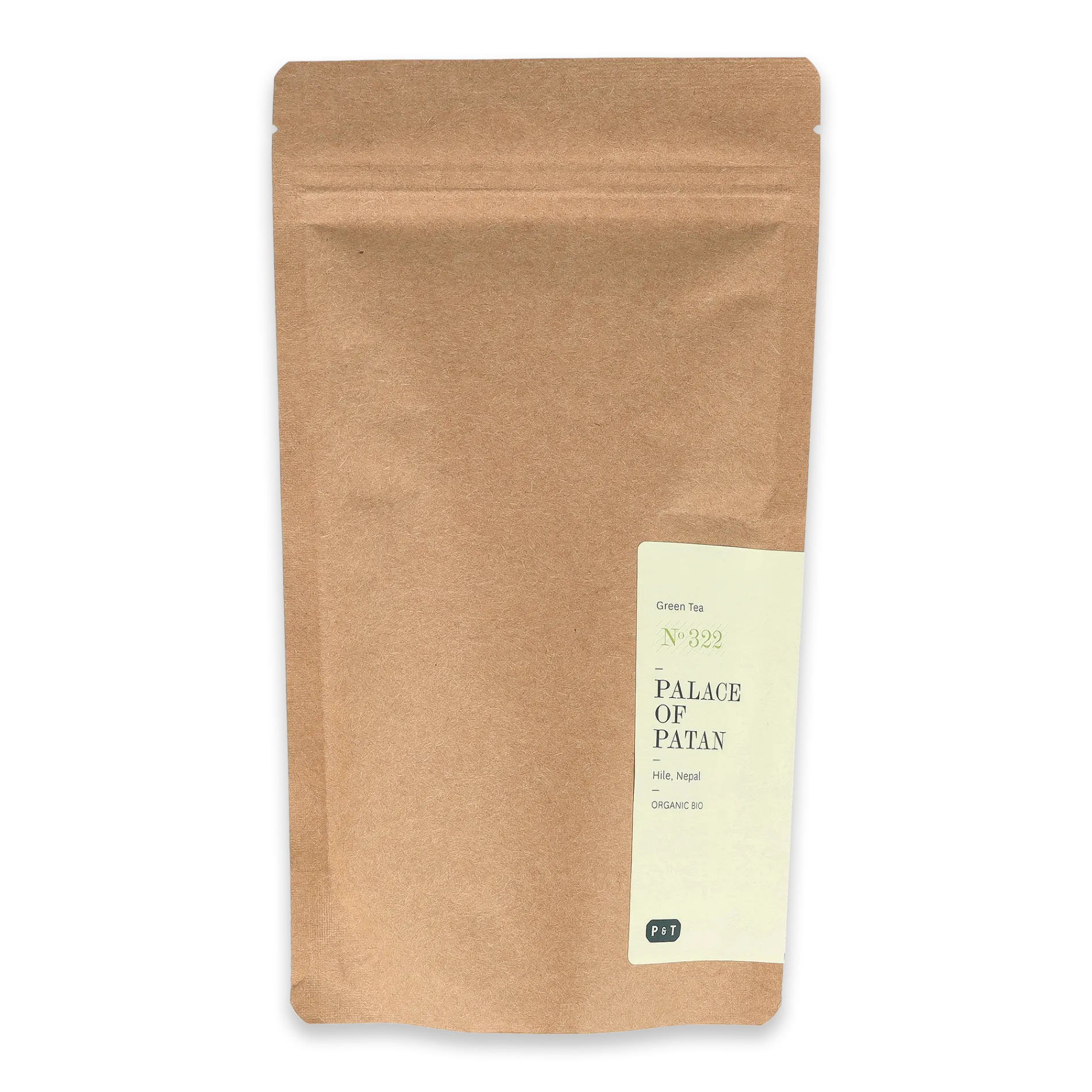 Kraftpapierverpackung mit Zipper, Etikett für Bio Grüntee No 322, Hile, Nepal von P & T.
