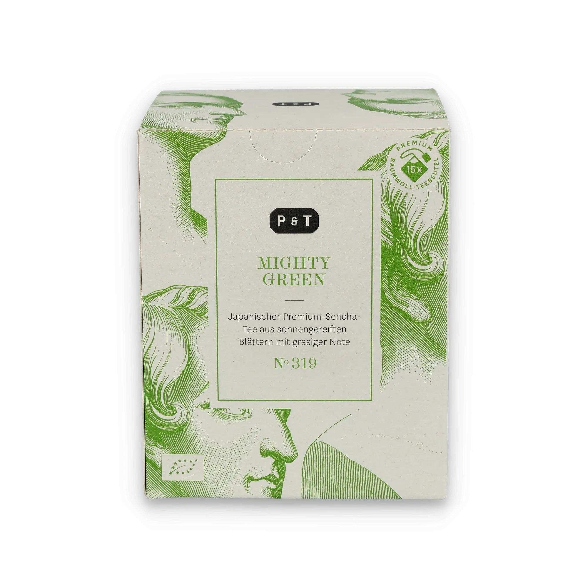 Weiß-grüne Teebox mit Vintage-Illustrationen für P & T Mighty Green japanischer Sencha-Tee, 15 Beutel.