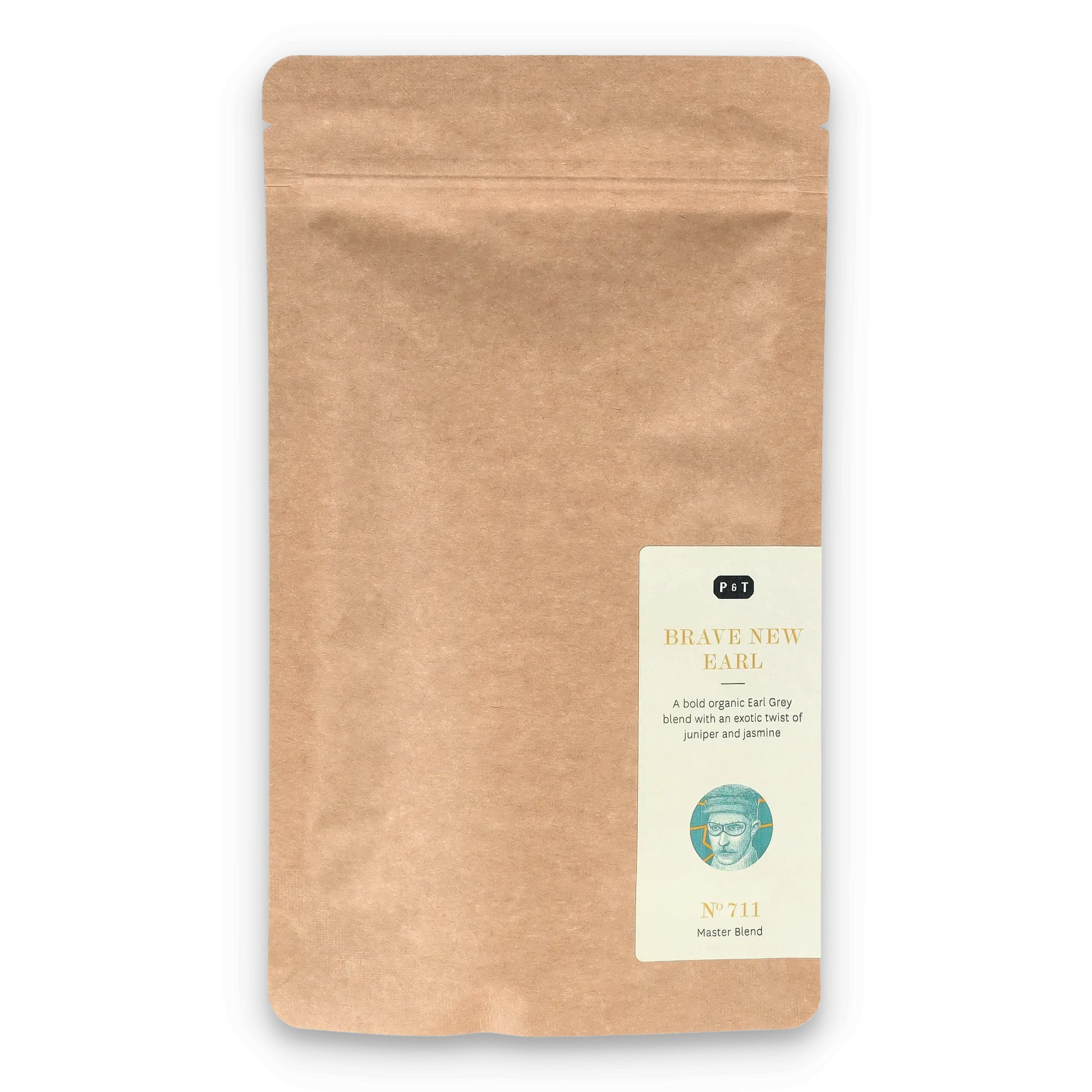 Brauner Kraftpapierbeutel mit Etikett für Bio-Earl-Grey mit Wacholder und Jasmin.
