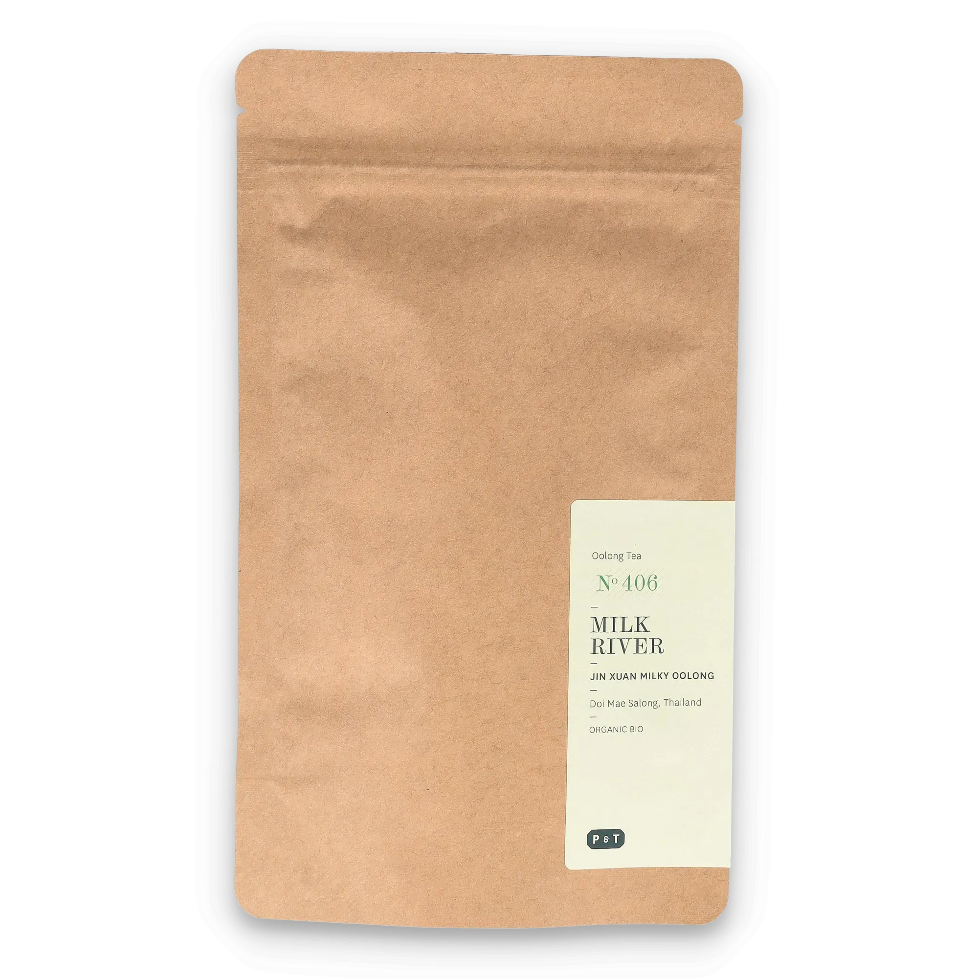 Braune Kraftpapierverpackung mit Etikett für Bio Oolong Tee aus Doi Mae Salong, Thailand.