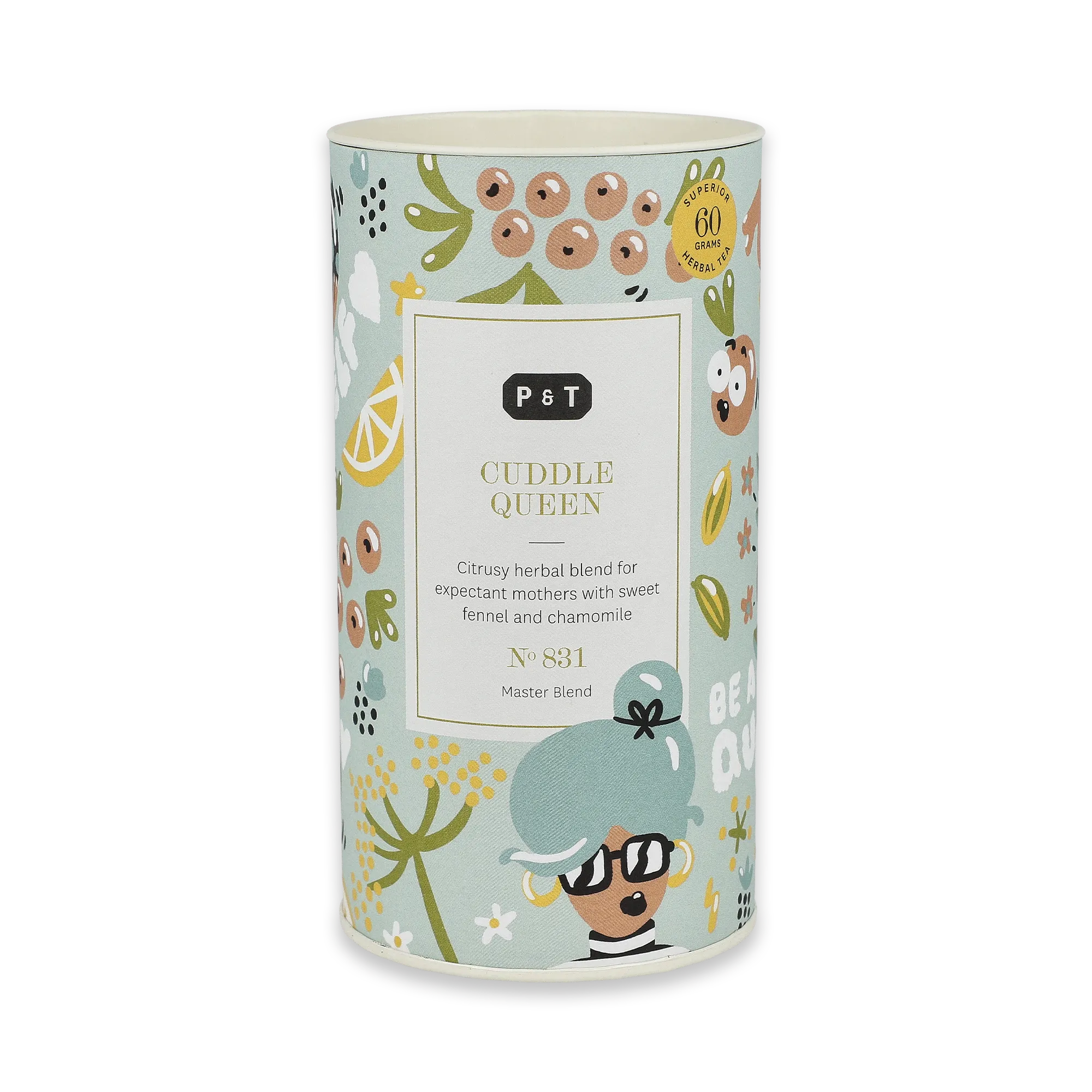 Zylindrische Teedose mit floralen und Zitrusmotiven, Aufschrift 'P & T CUDDLE QUEEN', Kräutertee für Schwangere.