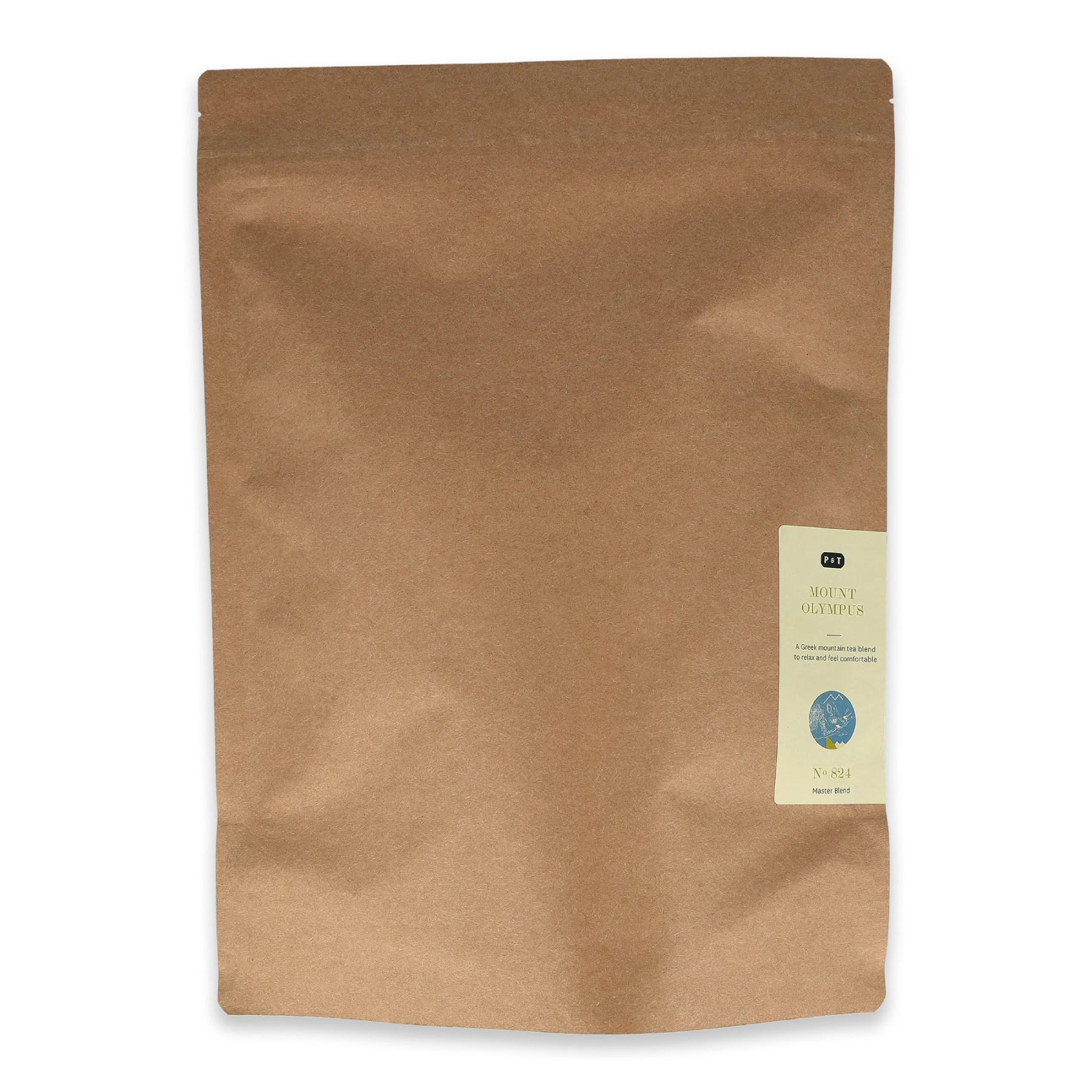 Braune Kraftpapiertüte mit Etikett für P & T Mount Olympus, griechische Bergtee-Mischung Nr. 824