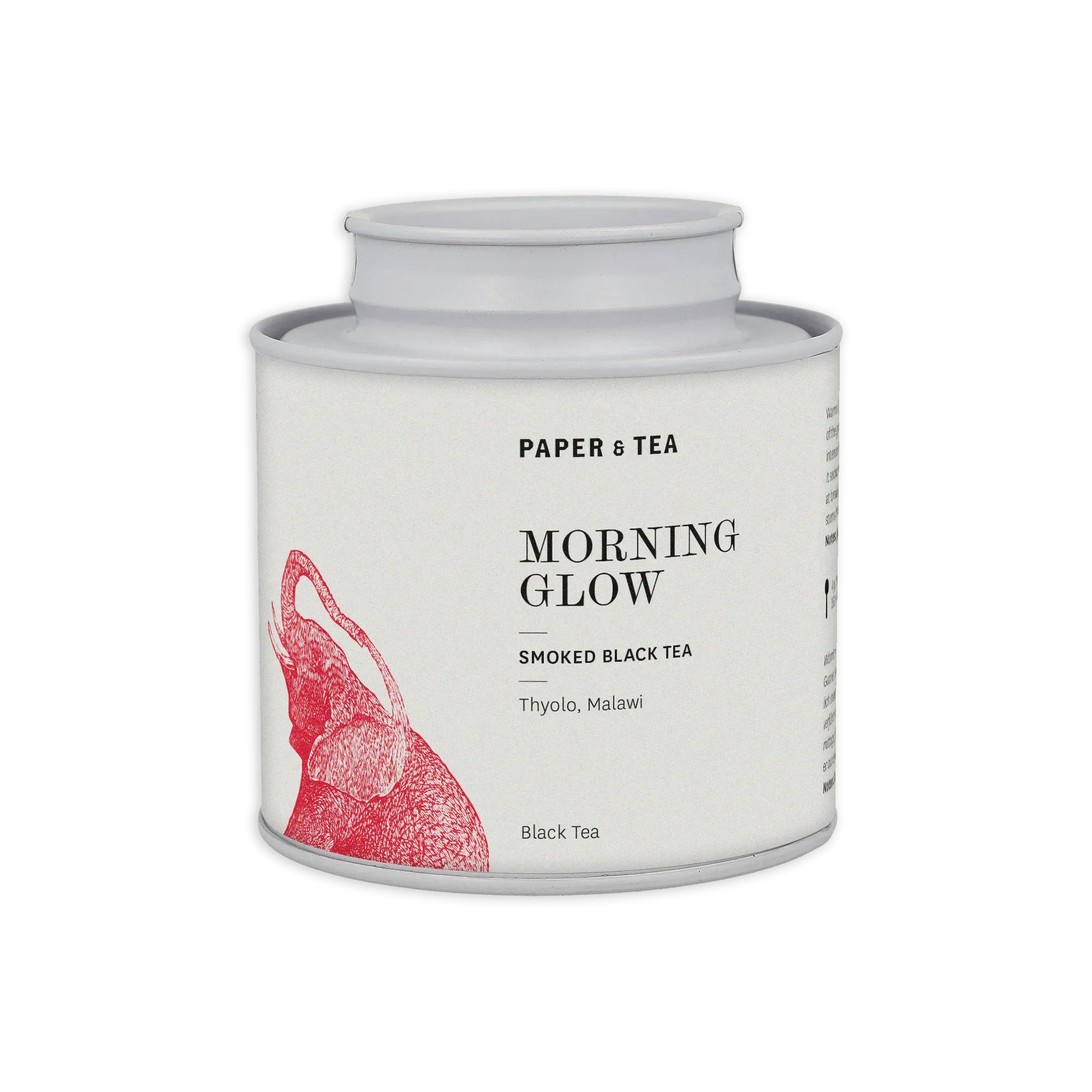 Weiße Teedose mit rotem Elefantenmotiv, Aufschrift