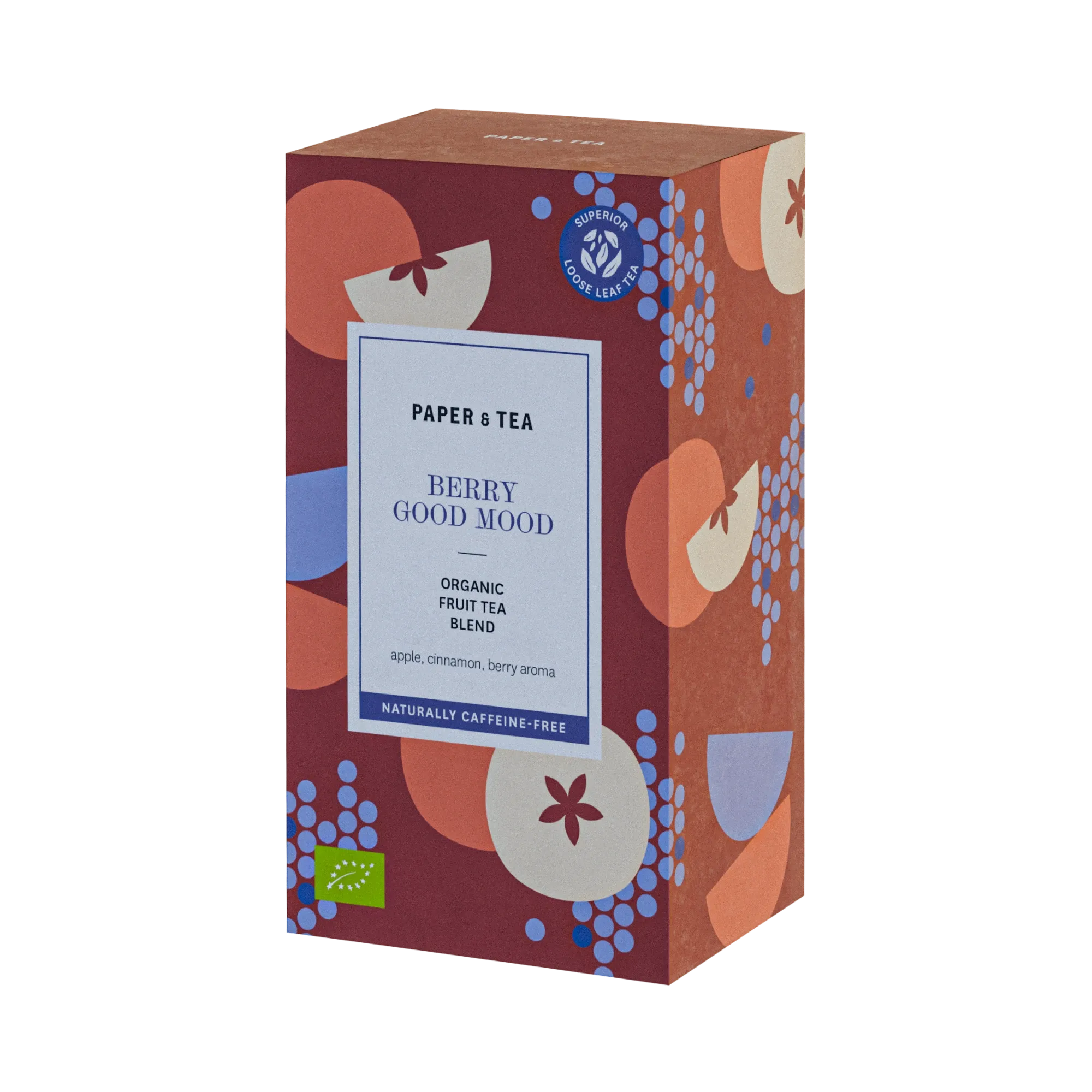 Rechteckige Verpackung des Bio-Früchtetees 'BERRY GOOD MOOD' von PAPER & TEA mit Apfel, Zimt und Beerenduft.