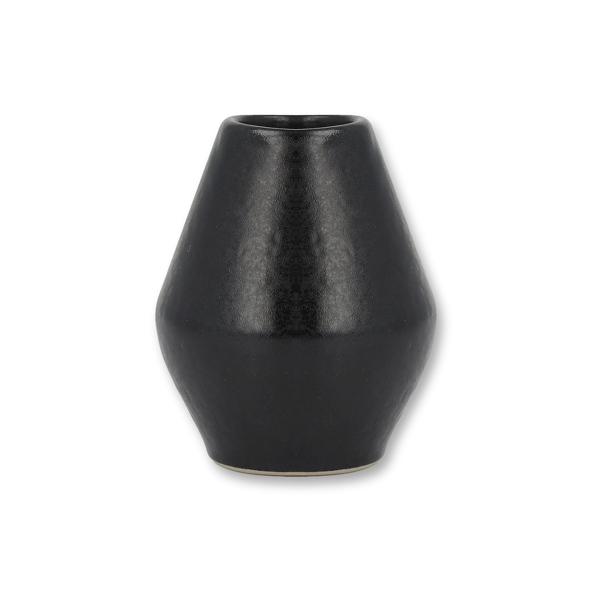 Schwarze Keramikvase mit breitem, konischem Körper und schmaler Öffnung vor schwarzem Hintergrund.