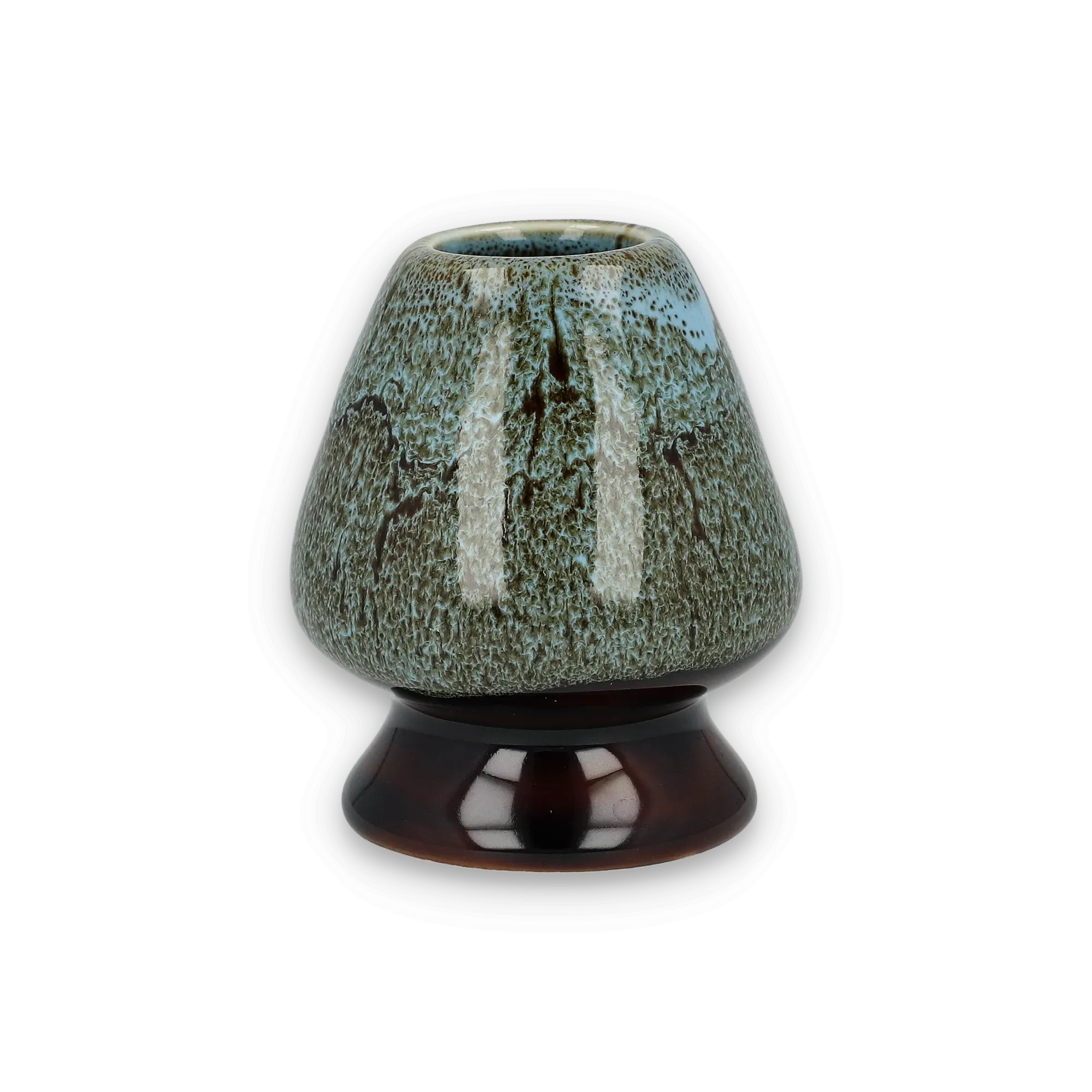 Keramischer Pilz mit grünblauem Oberteil und dunkelbrauner Basis vor schwarzem Hintergrund.