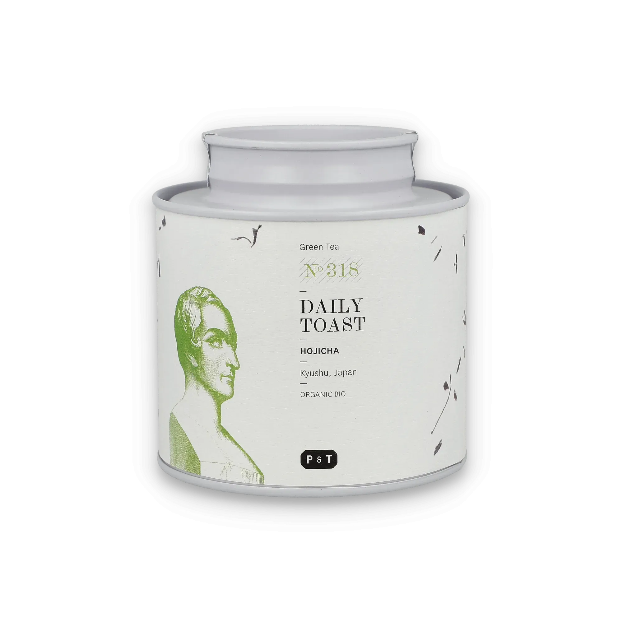 Weißer zylindrischer Teebehälter mit grünem Schriftzug für Bio-Hojicha Grüntee aus Kyushu, Japan.