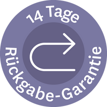 Runder violetter Aufkleber mit weißem Pfeil und Text ‚14 Tage Rückgabe-Garantie‘
