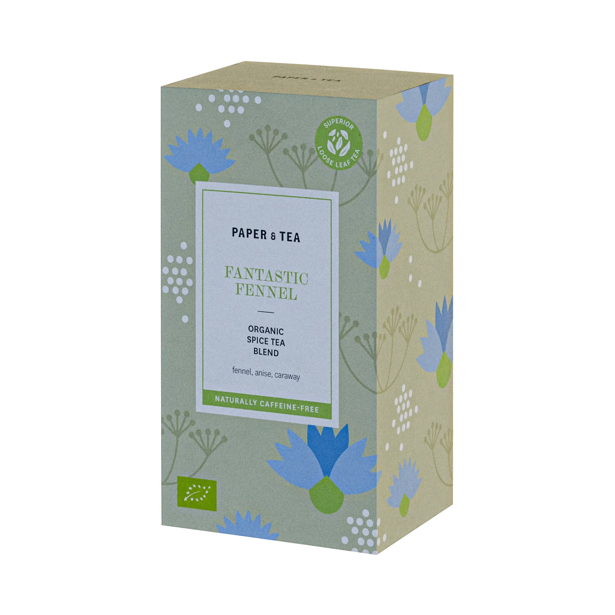 Rechteckige Verpackung von PAPER & TEA Fantastic Fennel Kräutertee mit blauen und grünen Blumenmustern.