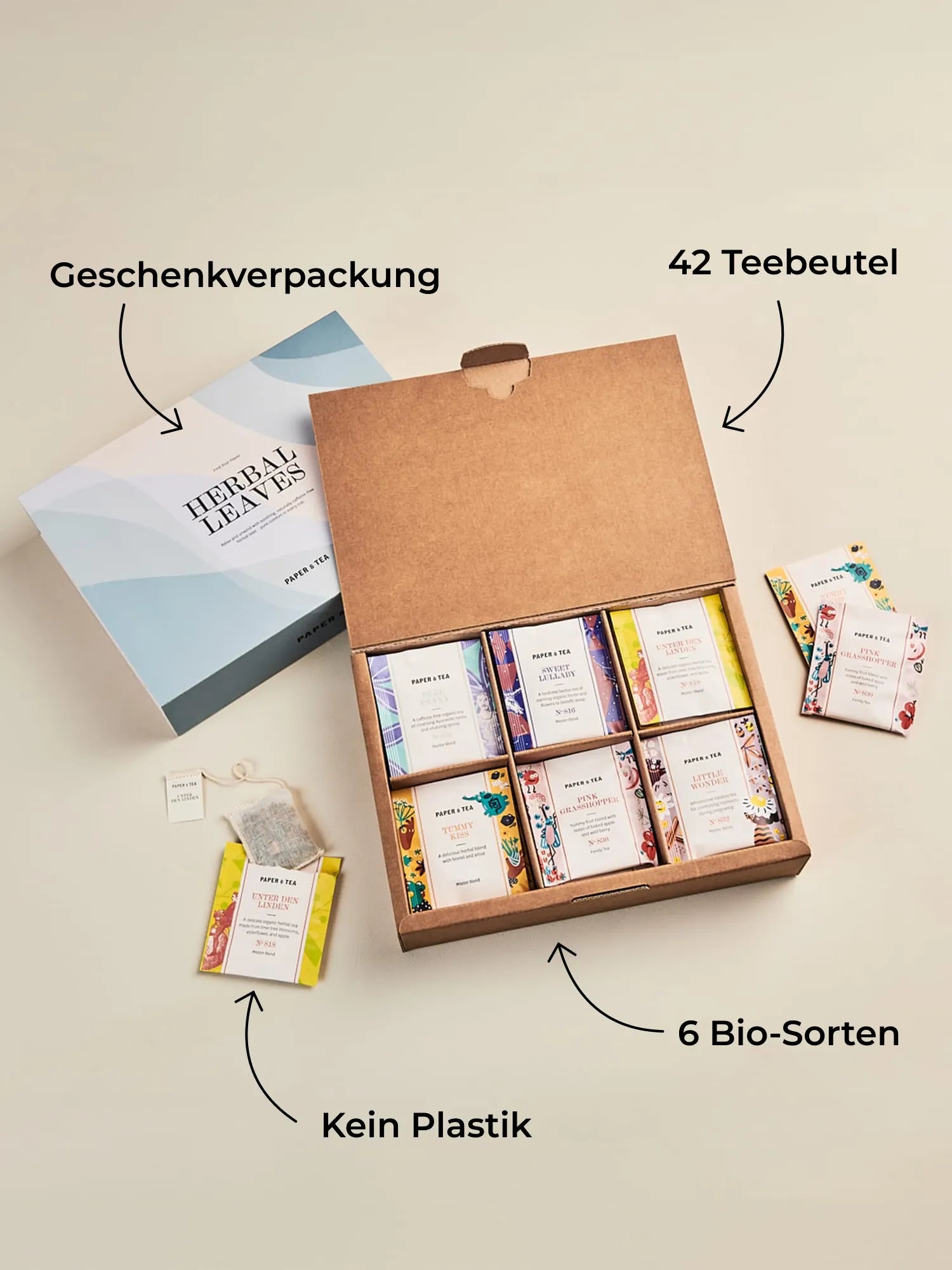 Geschenkset mit sechs Bio-Teesorten in kunstvoll gestalteten Verpackungen von PAPER & TEA.