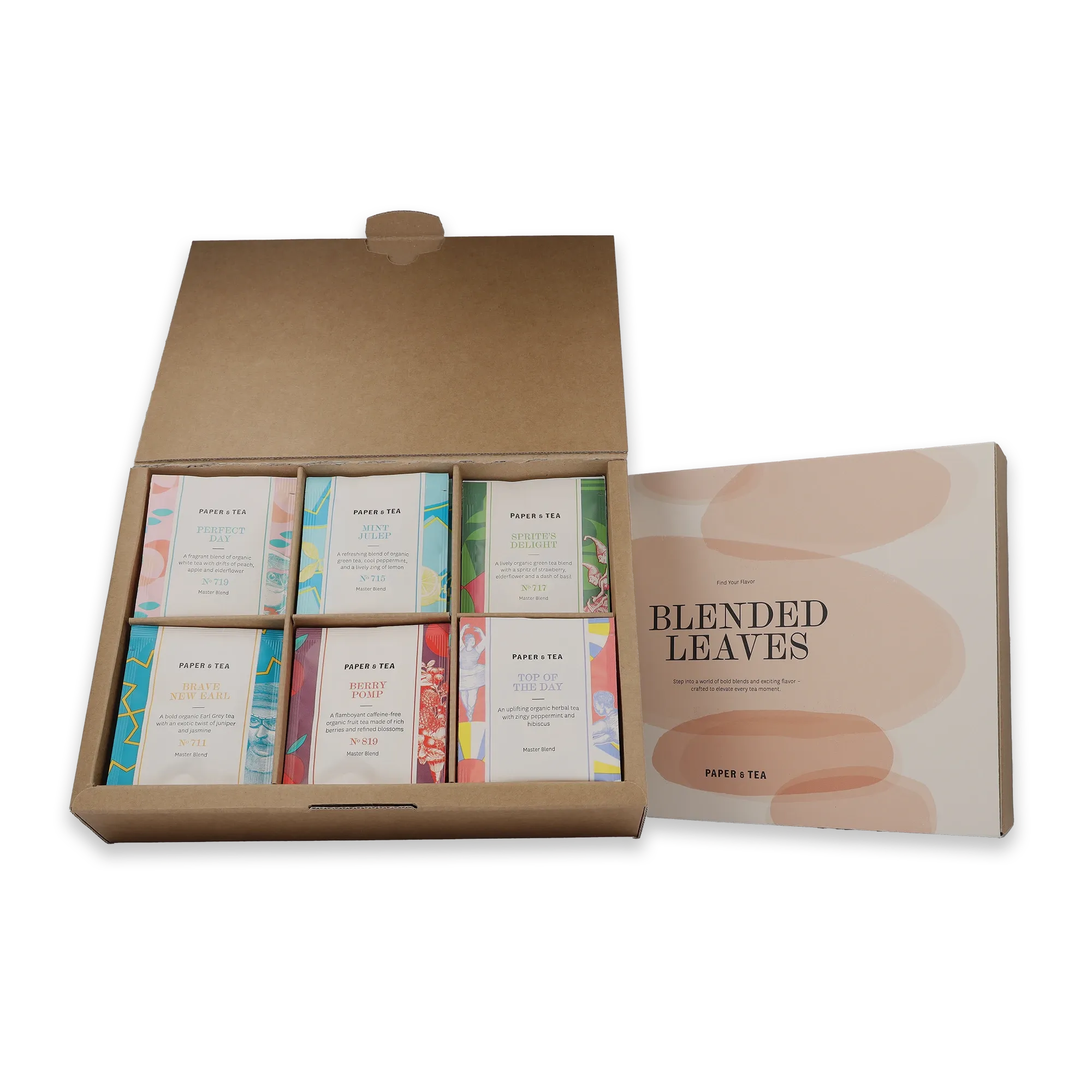 Offene Box mit acht farbenfrohen, einzigartig verpackten Bio-Tees von PAPER & TEA und Blended Leaves Flyer.