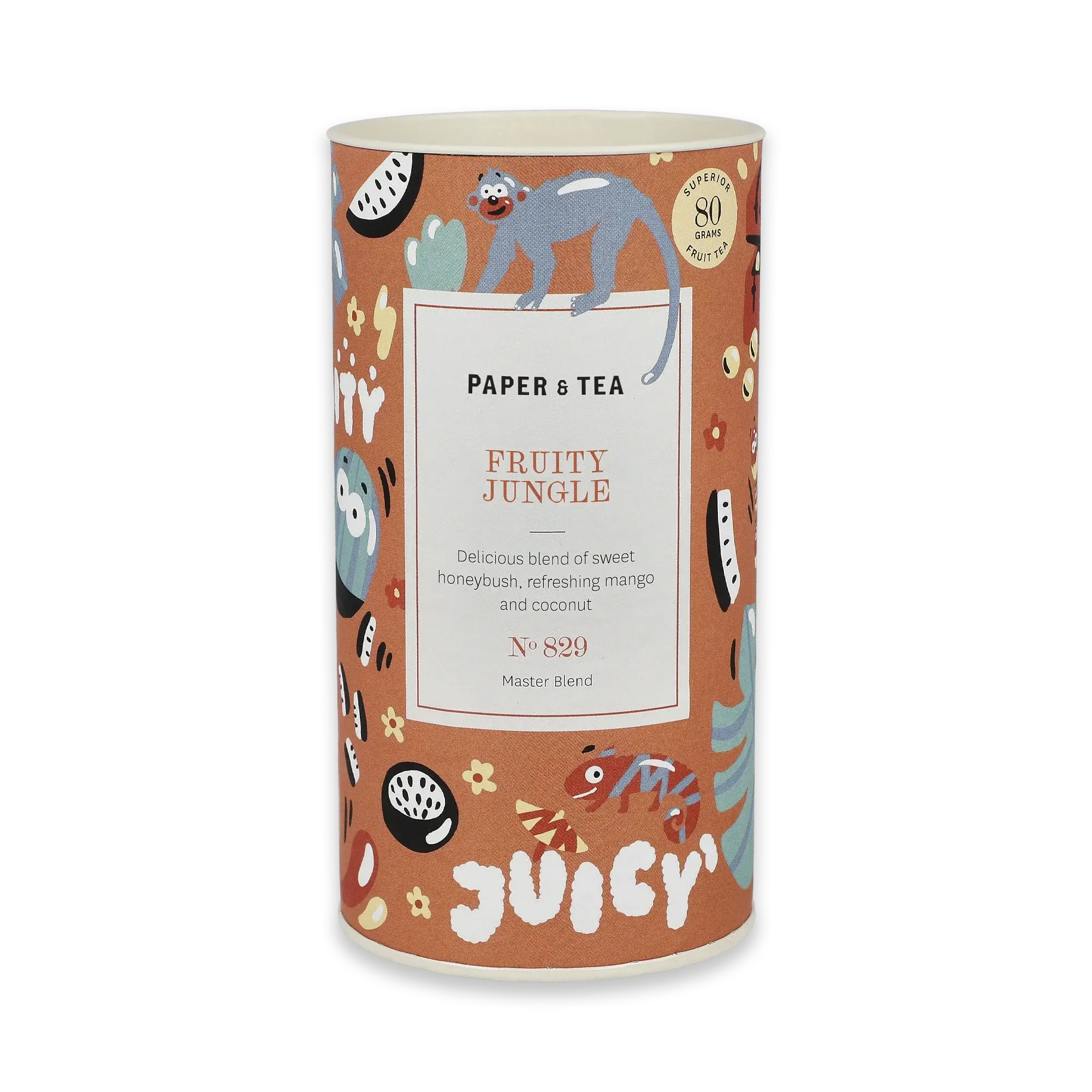 Zylindrische Teedose mit tropischem Design, Affen und Chamäleon, Papier & Tee Fruity Jungle mit Mango.