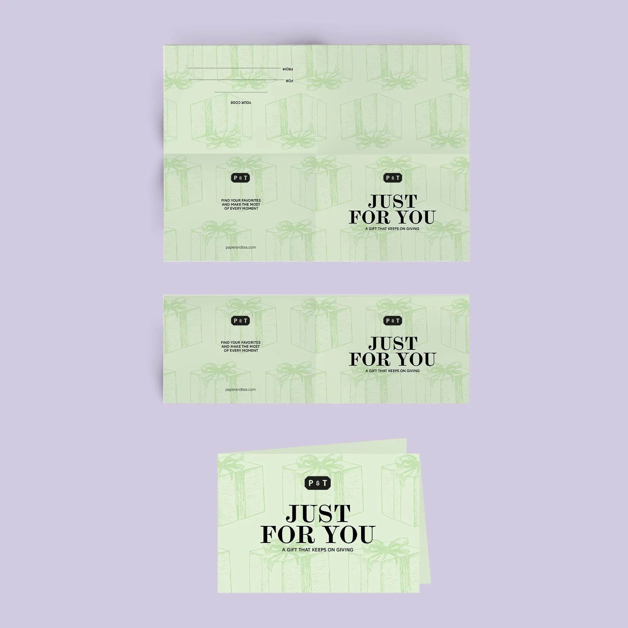 Drei grüne P&T Geschenkkarten mit Geschenkbox-Muster auf hellgrünem Hintergrund