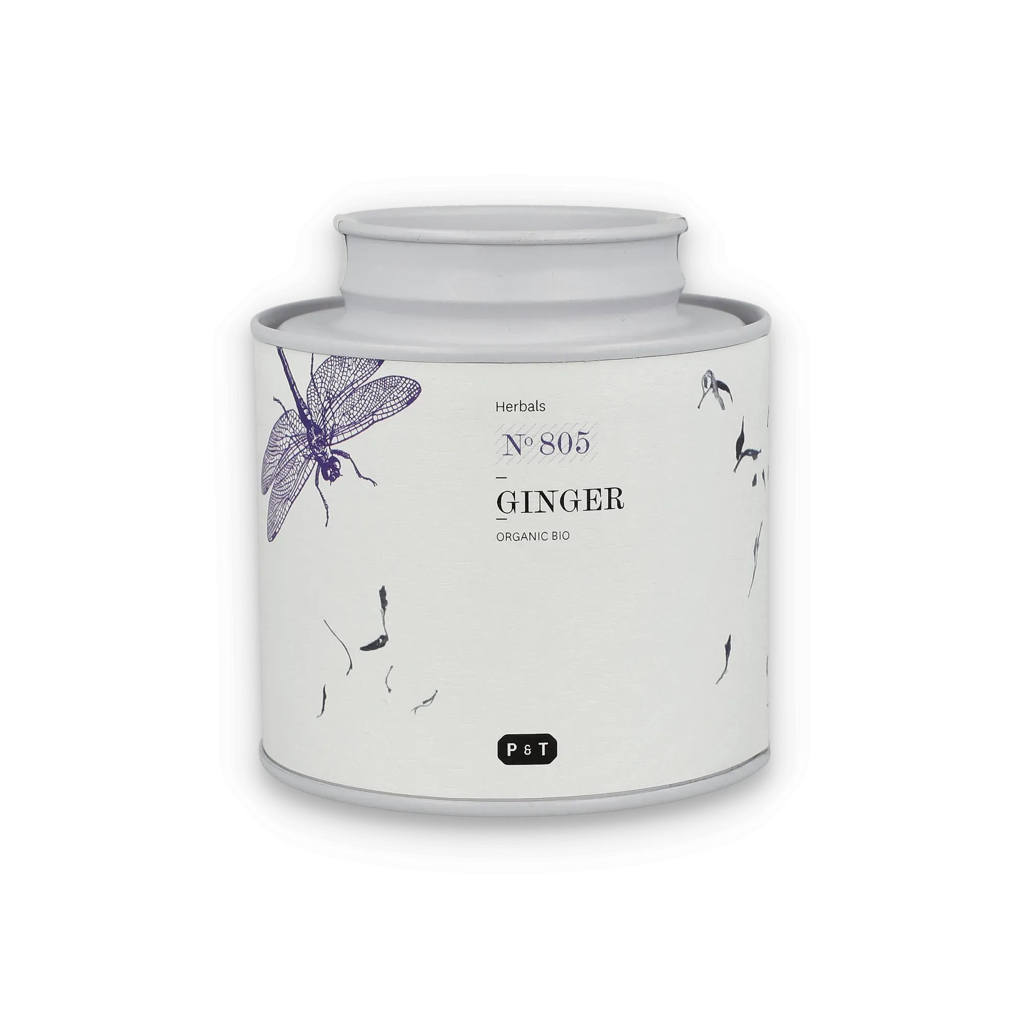 Weißer zylindrischer Behälter mit Bio-Ingwer-Kräutertee, verziert mit Libelle und botanischen Elementen.