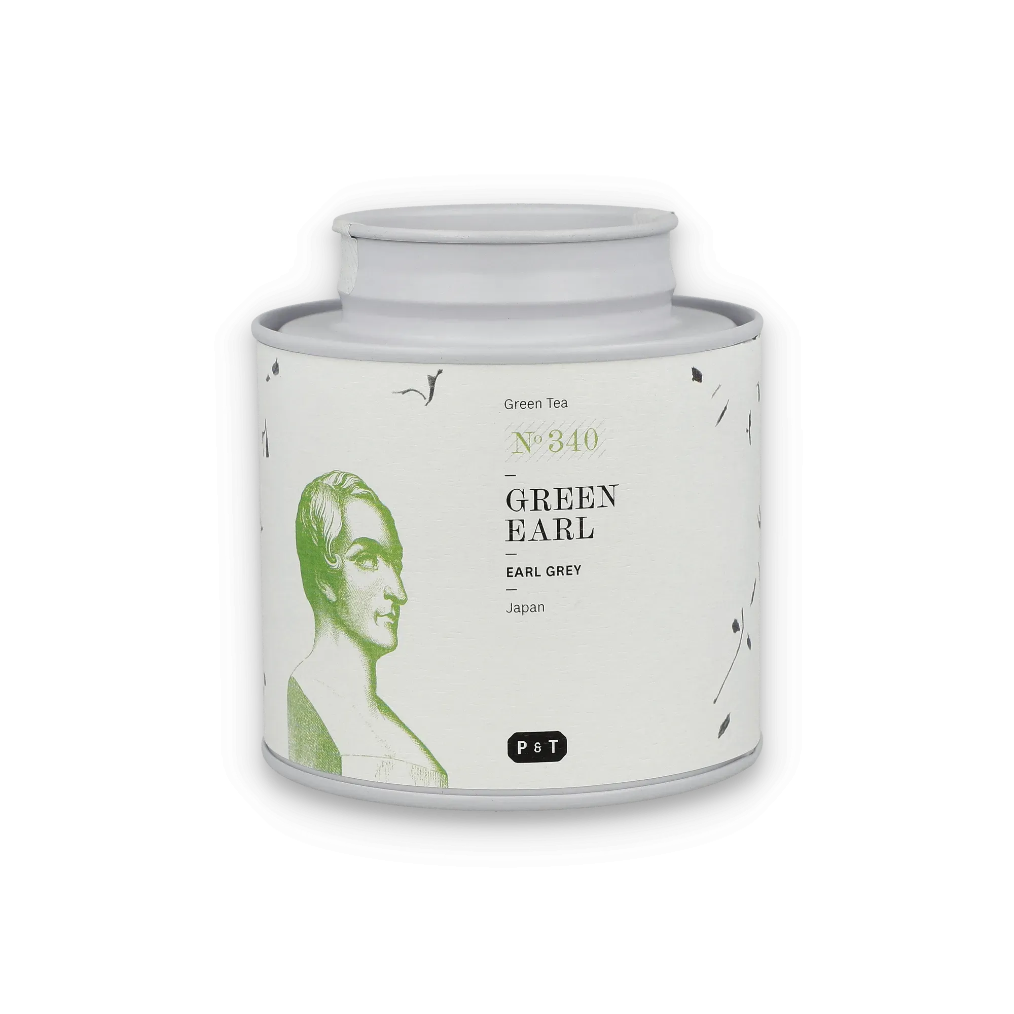 Weißer Zylinder-Teebehälter mit grünem Büstenbild und GREEN EARL Earl Grey Japan Aufschrift von P & T