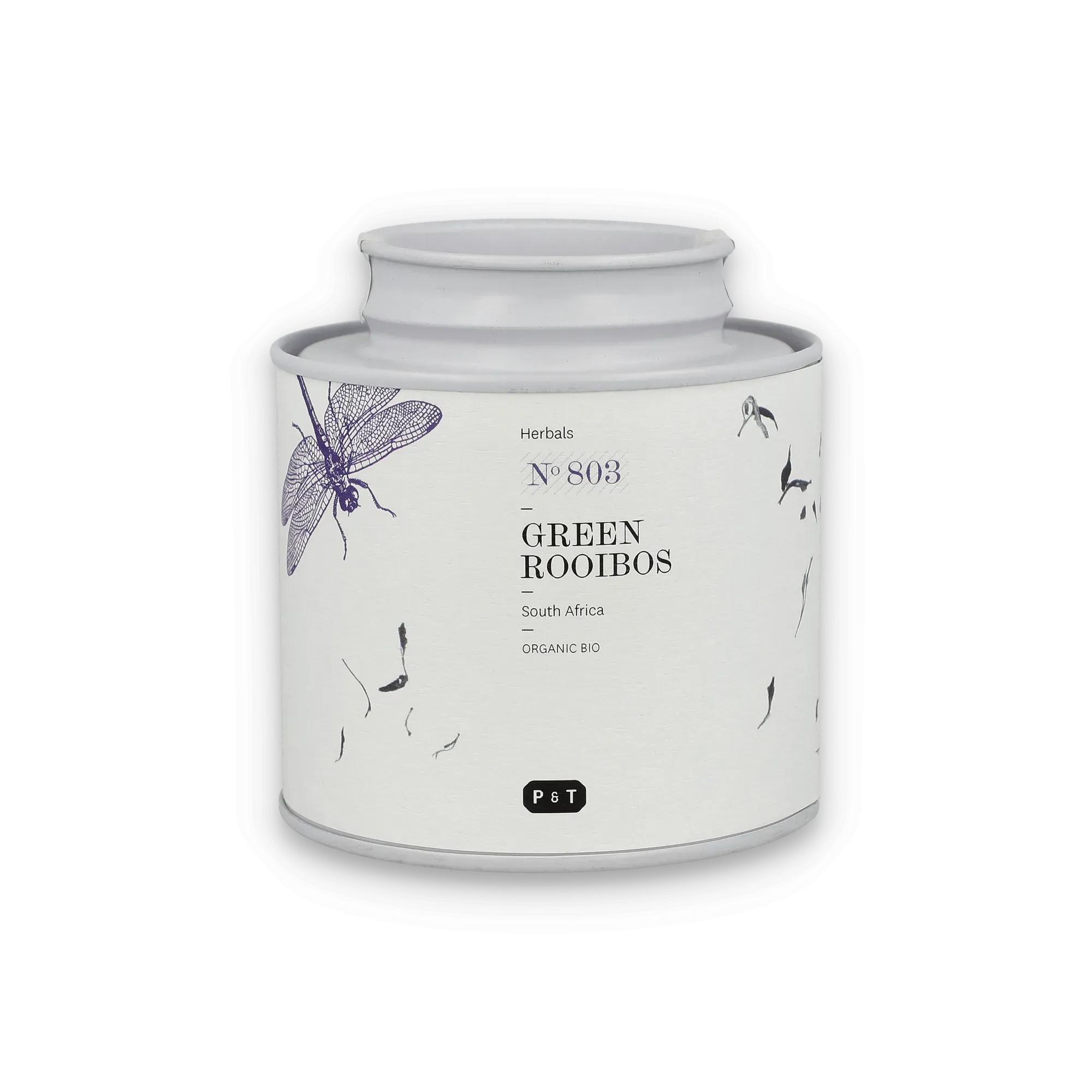 Weißer Tee-Dose mit elegantem Etikett für Bio Green Rooibos Tee, verziert mit lila Libellenillustration.
