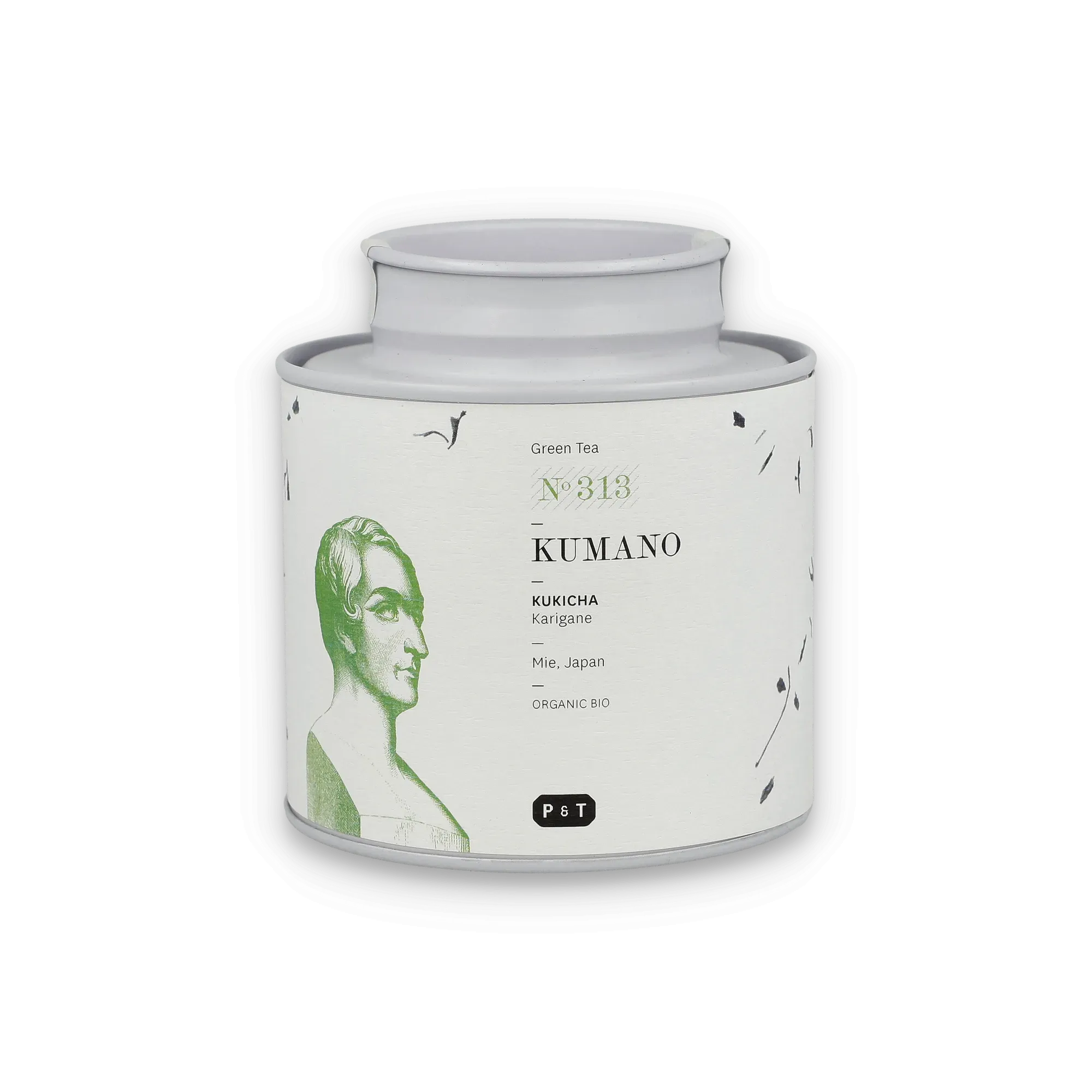 Weiße Teedose mit minimalistischem Etikett für grünen Kukicha Karigane Tee aus Kumano, Japan