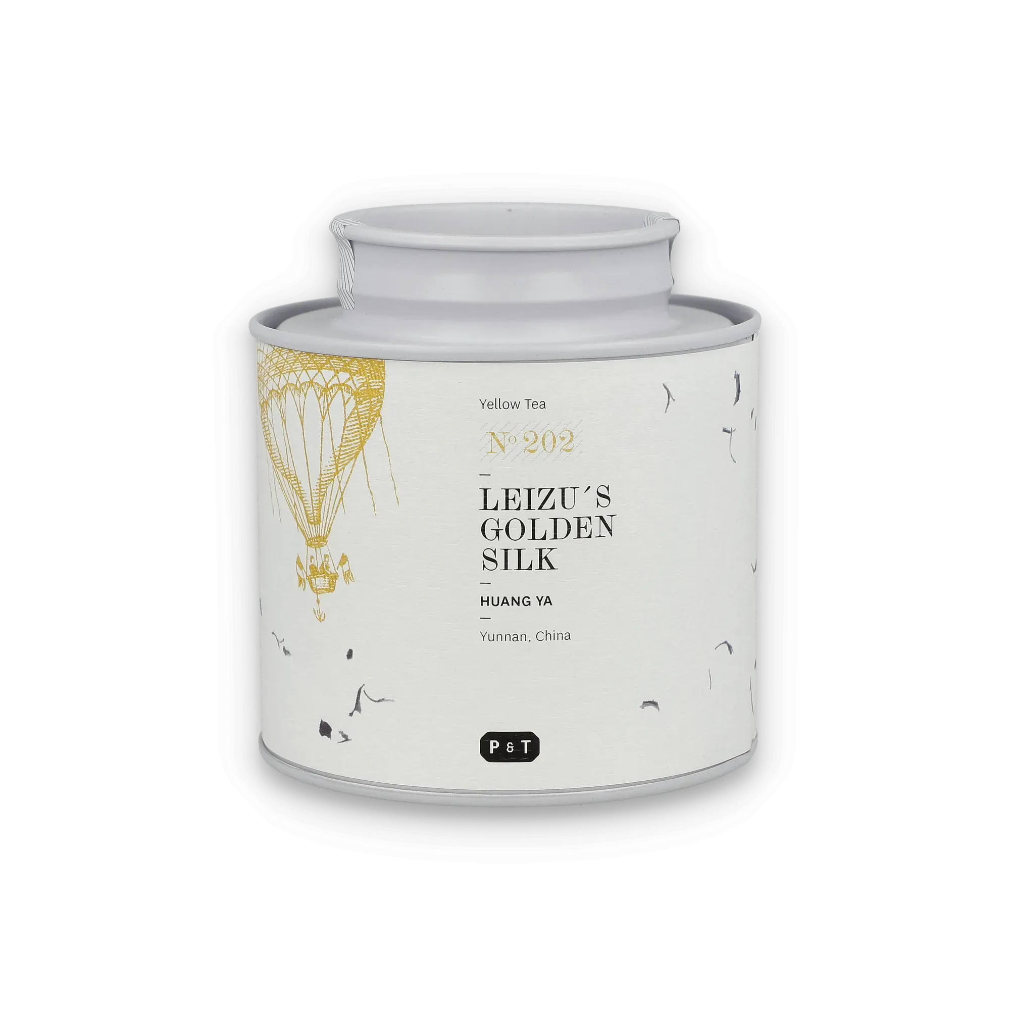 Weißer Teebehälter 'Yellow Tea No 202 Leizu's Golden Silk', goldene Ballon-Illustration