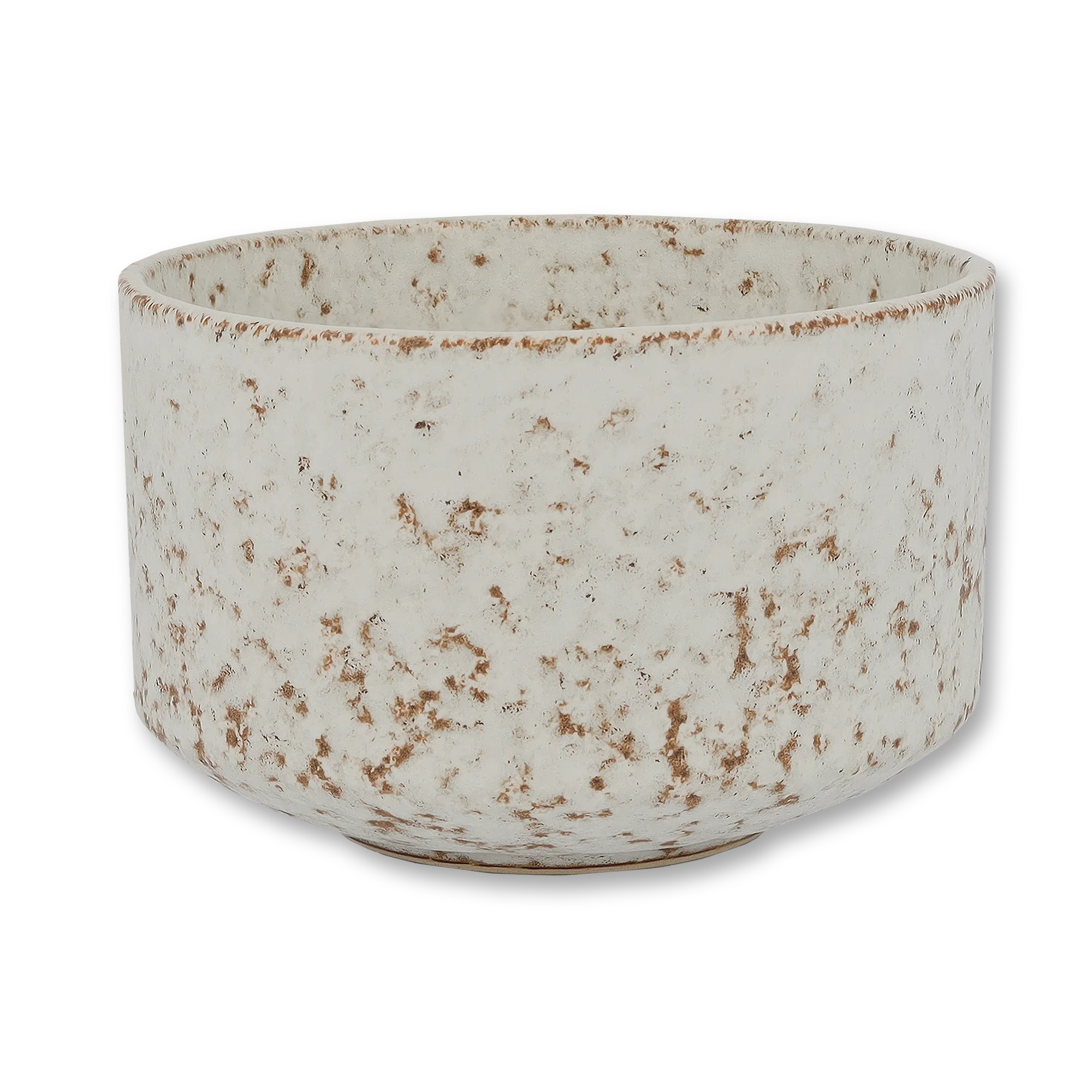 Runde, rustikale Keramikschale mit weiß-brauner Sprenkelung auf schwarzem Hintergrund.