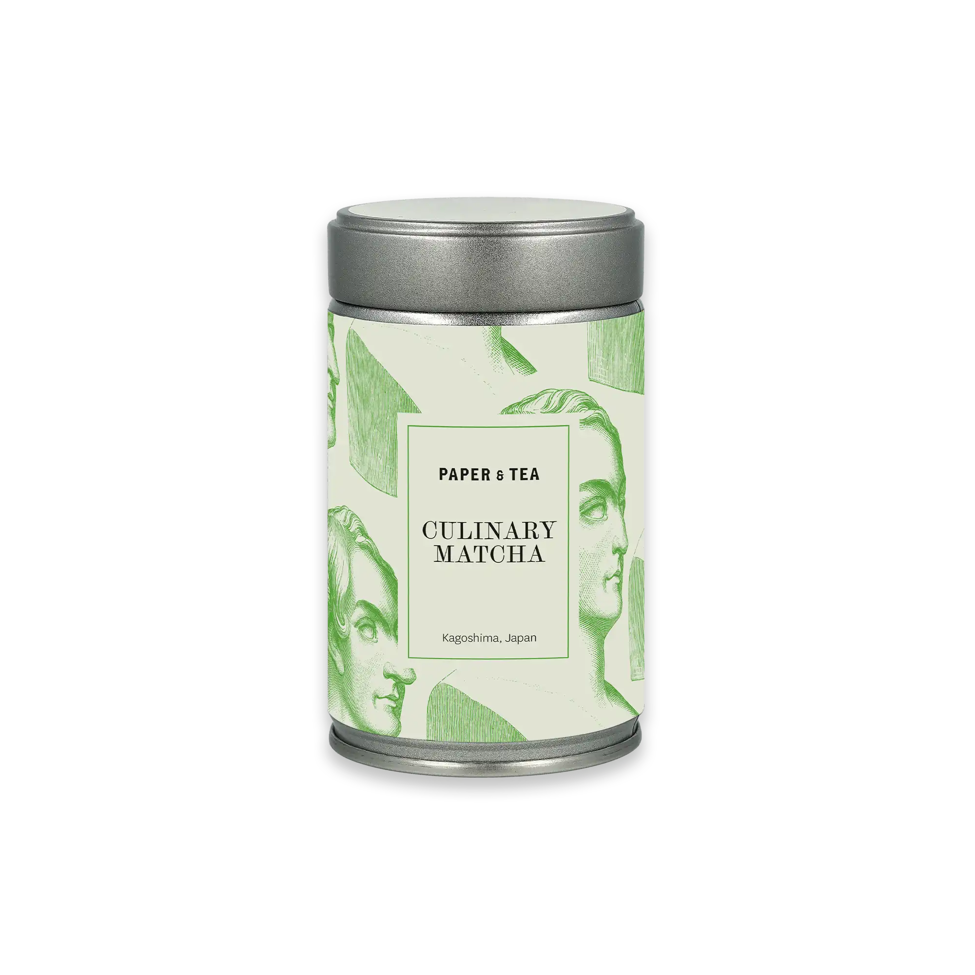 Zylinderförmige Metalldose mit silbernem Schraubdeckel, Etikett mit Profilporträts und Schriftzug Culinary Matcha Japan.
