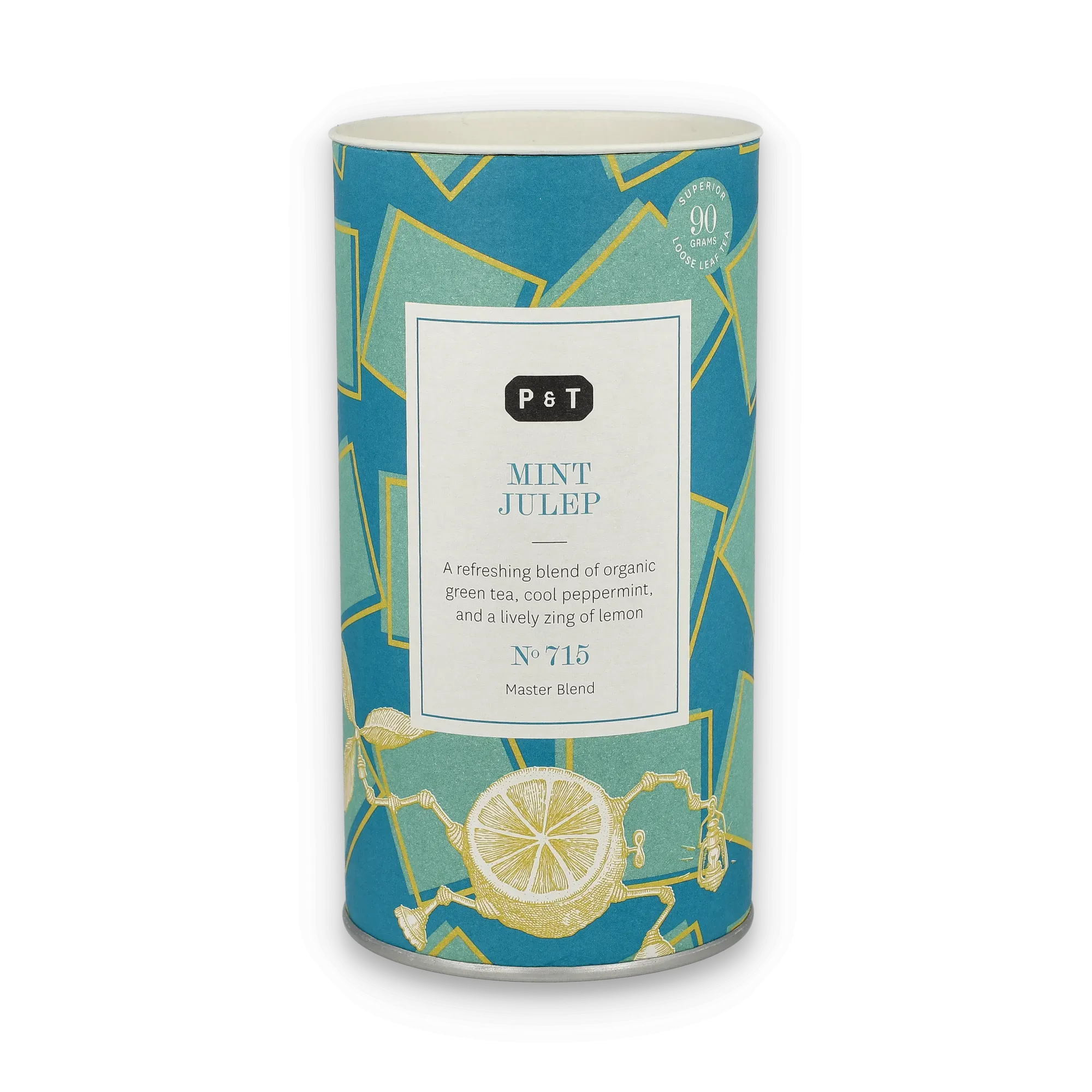 Zylindrische Teedose mit blau-grünem Muster und 'P & T Mint Julep' Etikett mit Zitrus-Illustration.