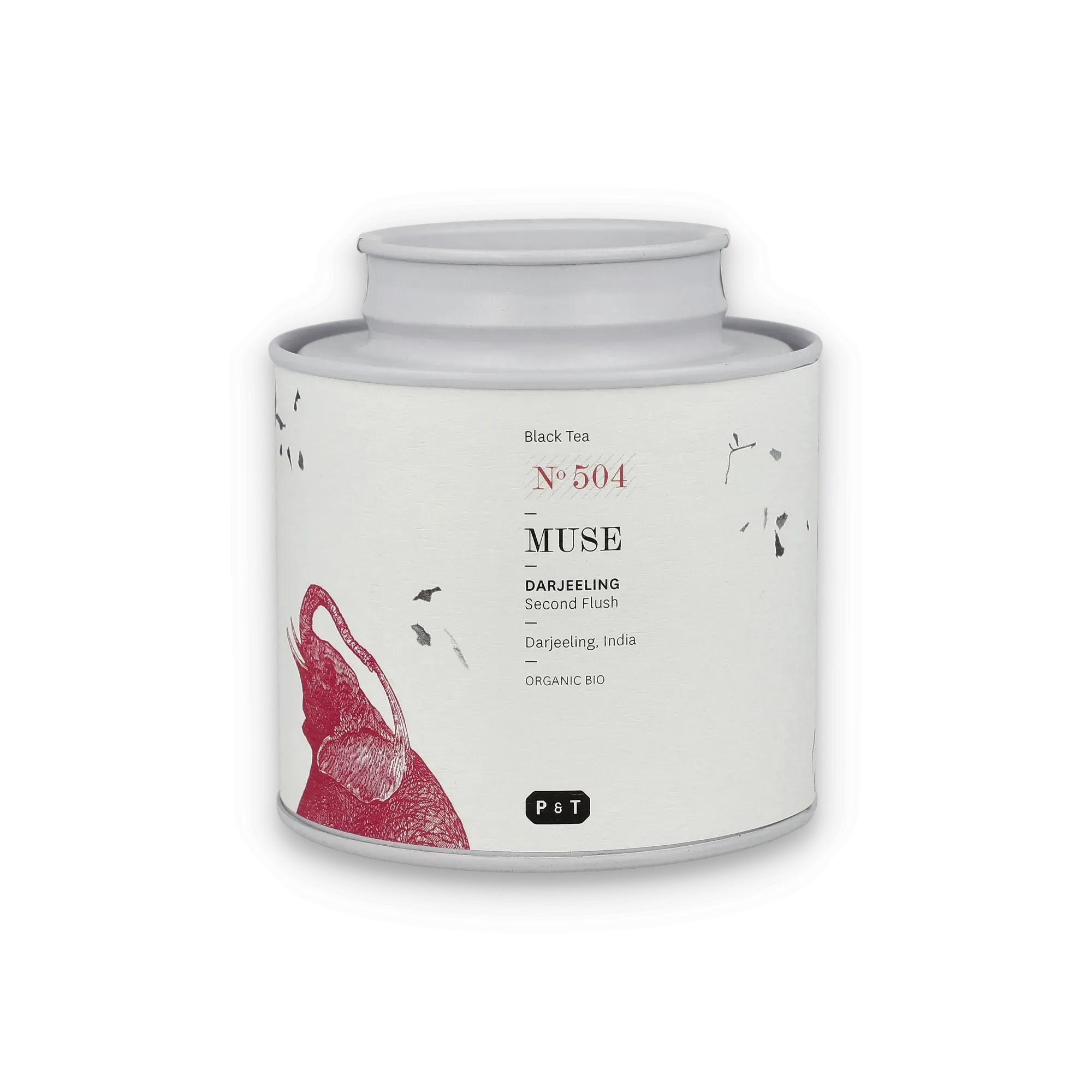 Weiße Dose mit schwarzem Tee No 504 MUSE Darjeeling Second Flush und rotem Elefantenmotiv