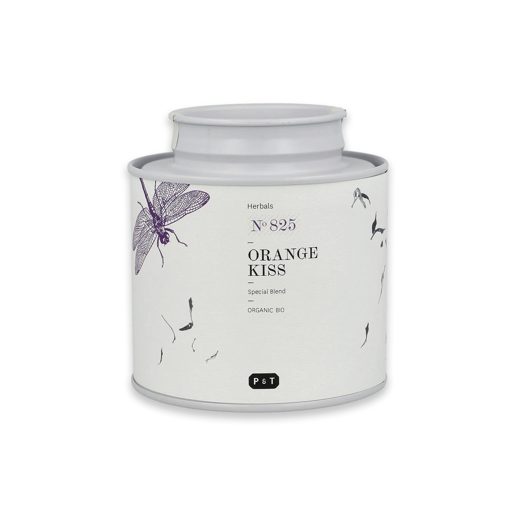 Weißer, zylindrischer Tee-Container mit minimalistischer Schrift und schwarzen botanischen Zeichnungen.