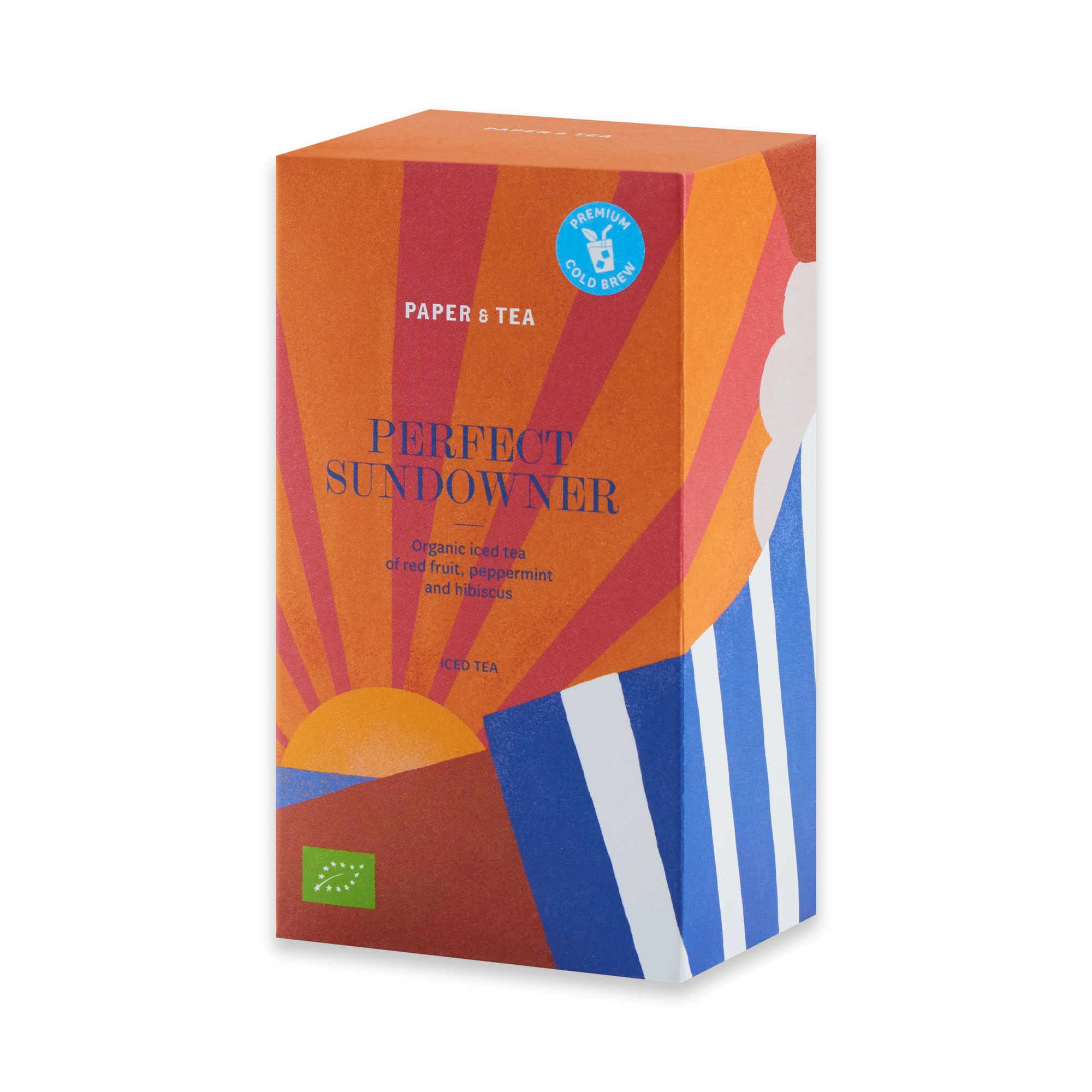 Farbenfrohe PAPER & TEA Perfect Sundowner Packung mit Bio-Rotfrüchte-Eistee, Pfefferminze, Hibiskus.