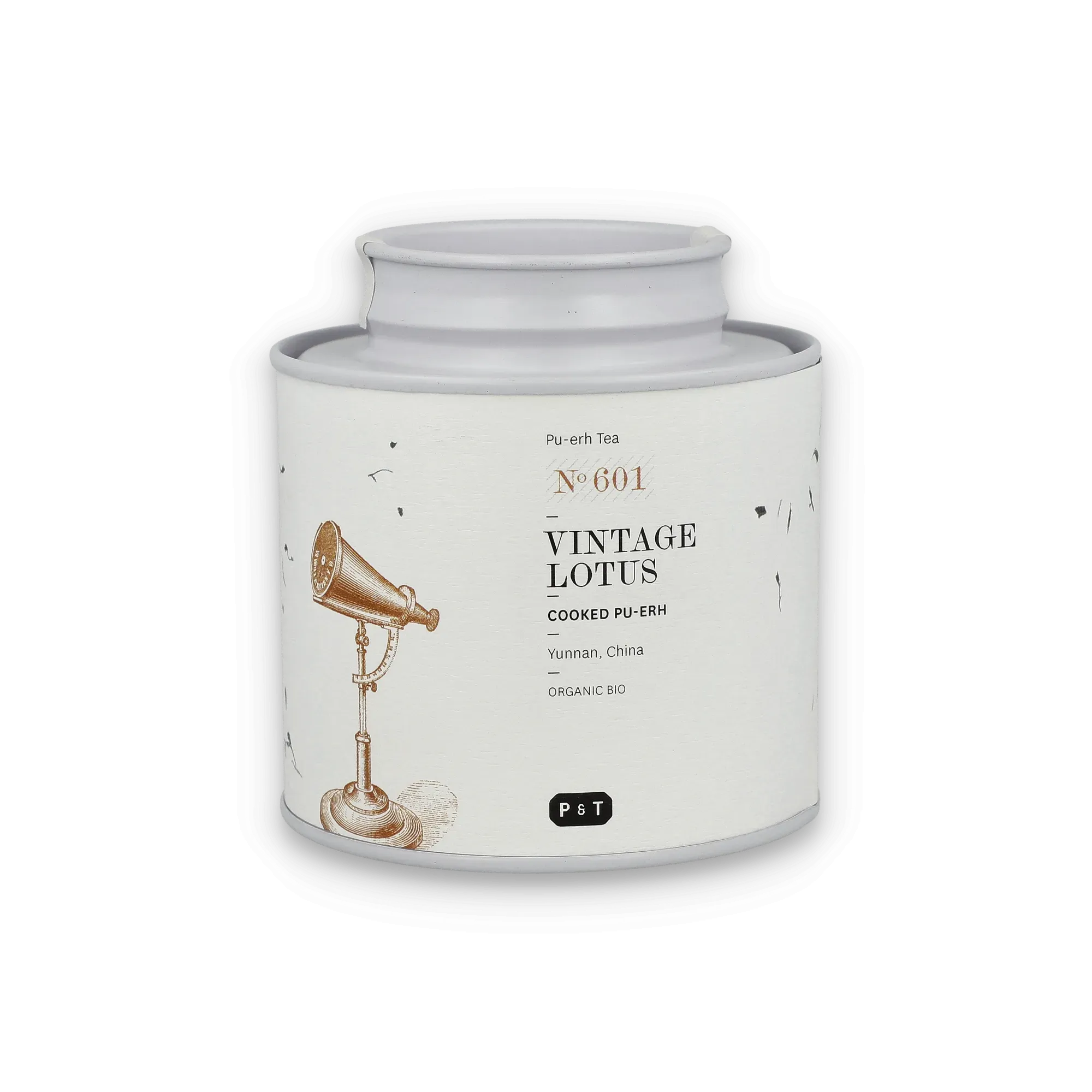 Weißer Teebehälter mit Vintage-Motiv und Teleskop-Illustration, enthält organischen Pu-erh Tee.