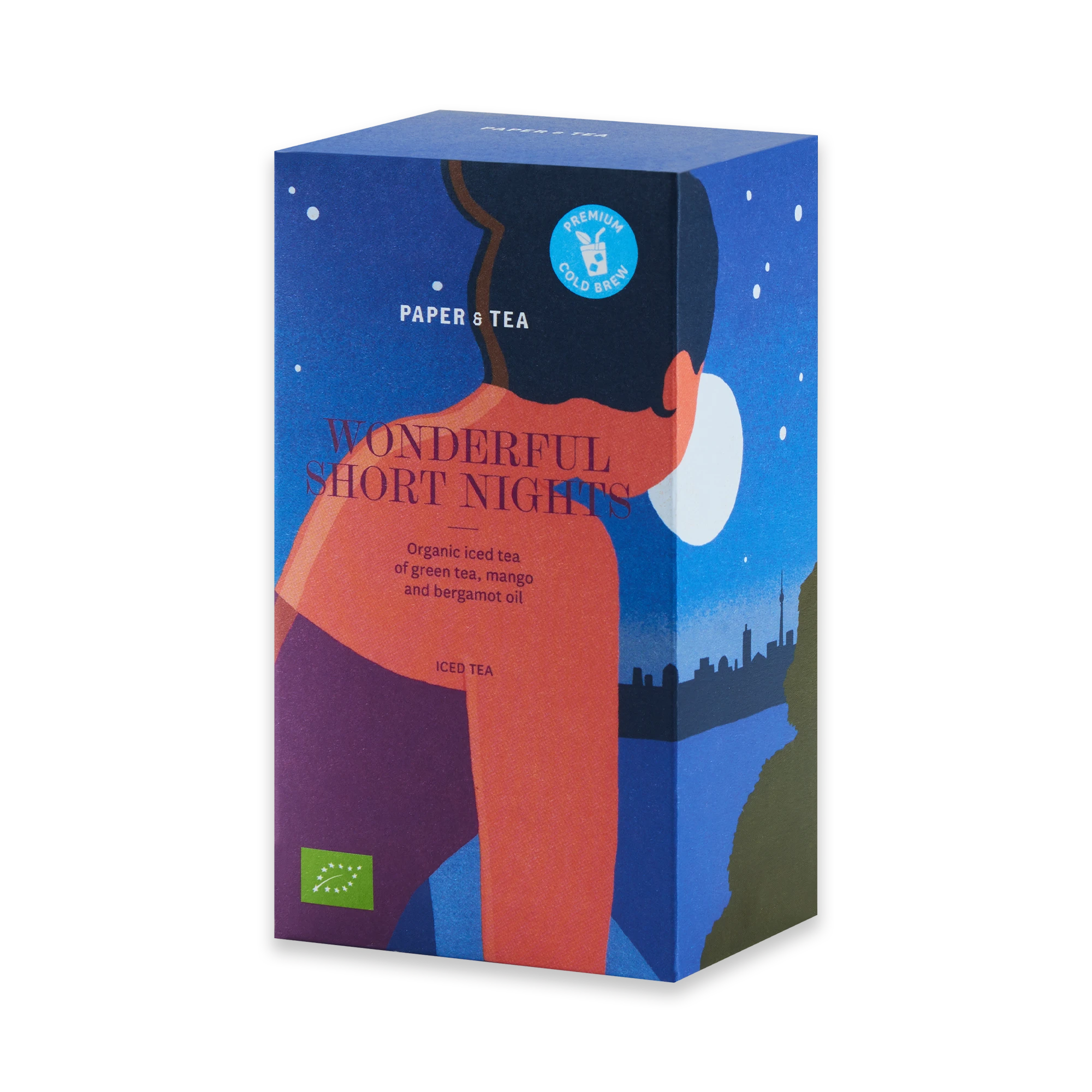 Verpackung von Paper & Tea Cold Brew mit grünem Tee, Mango und Bergamotte, stilisierte Illustration.