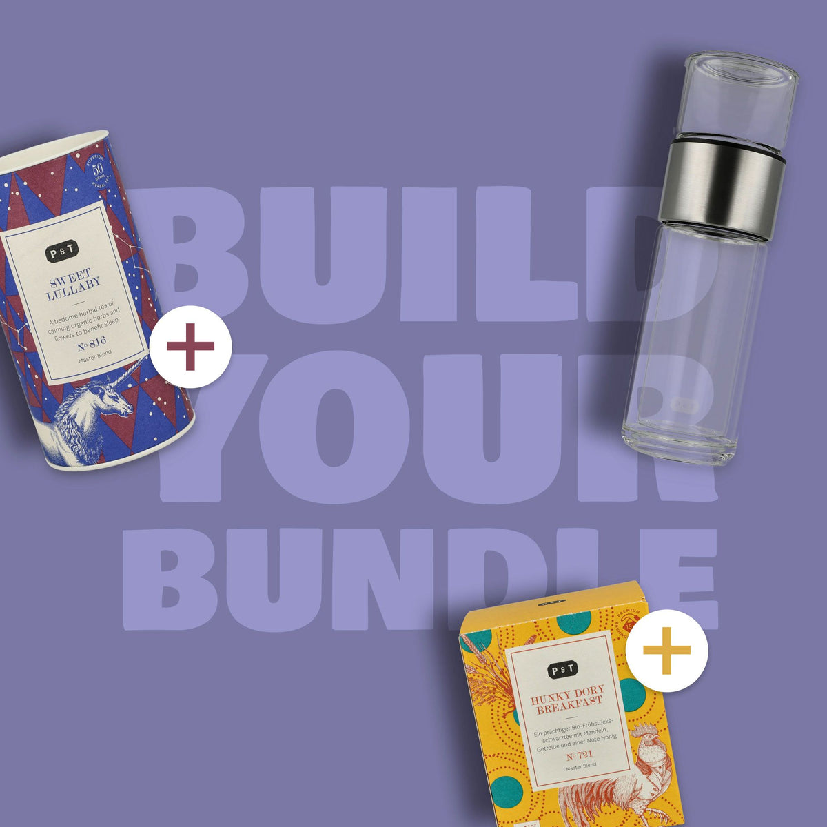 Drei Paper & Tea Produkte: Sweet Lullaby Kräutertee mit Einhorn, Glasflasche, Hunky Dory Bio-Frühstückstee-Box.
