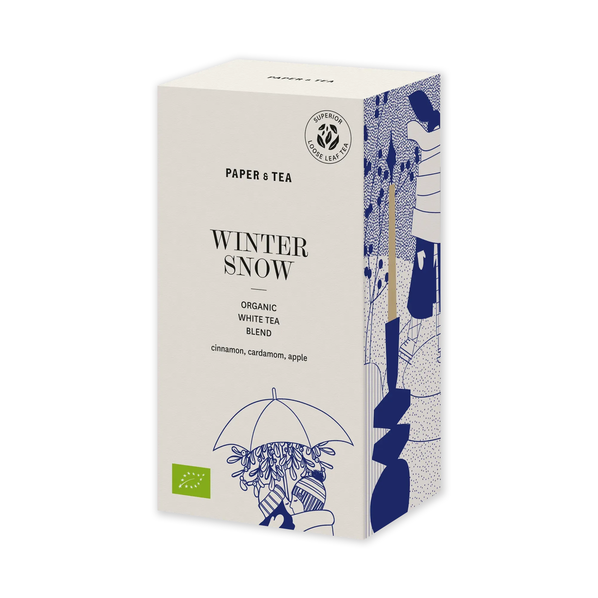 Cremefarbene Paper & Tea Box mit Bio-Weißtee, Zimt, Kardamom, Apfel und blauer Winterillustration.