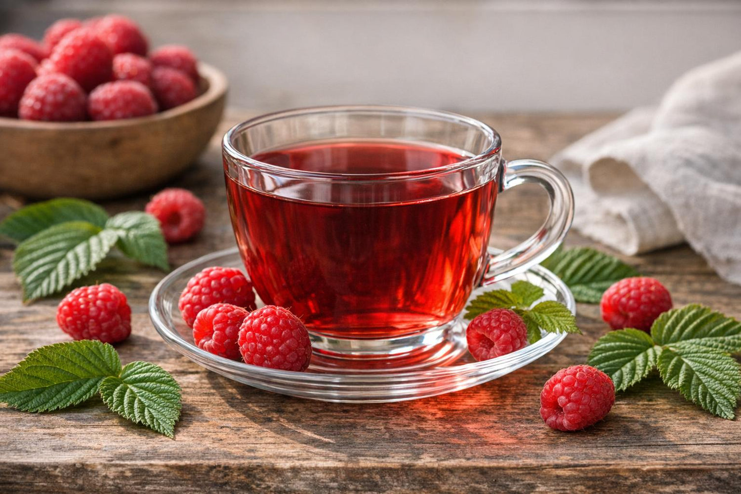 Glastasse mit rotem Himbeertee, umgeben von frischen Himbeeren und grünen Blättern