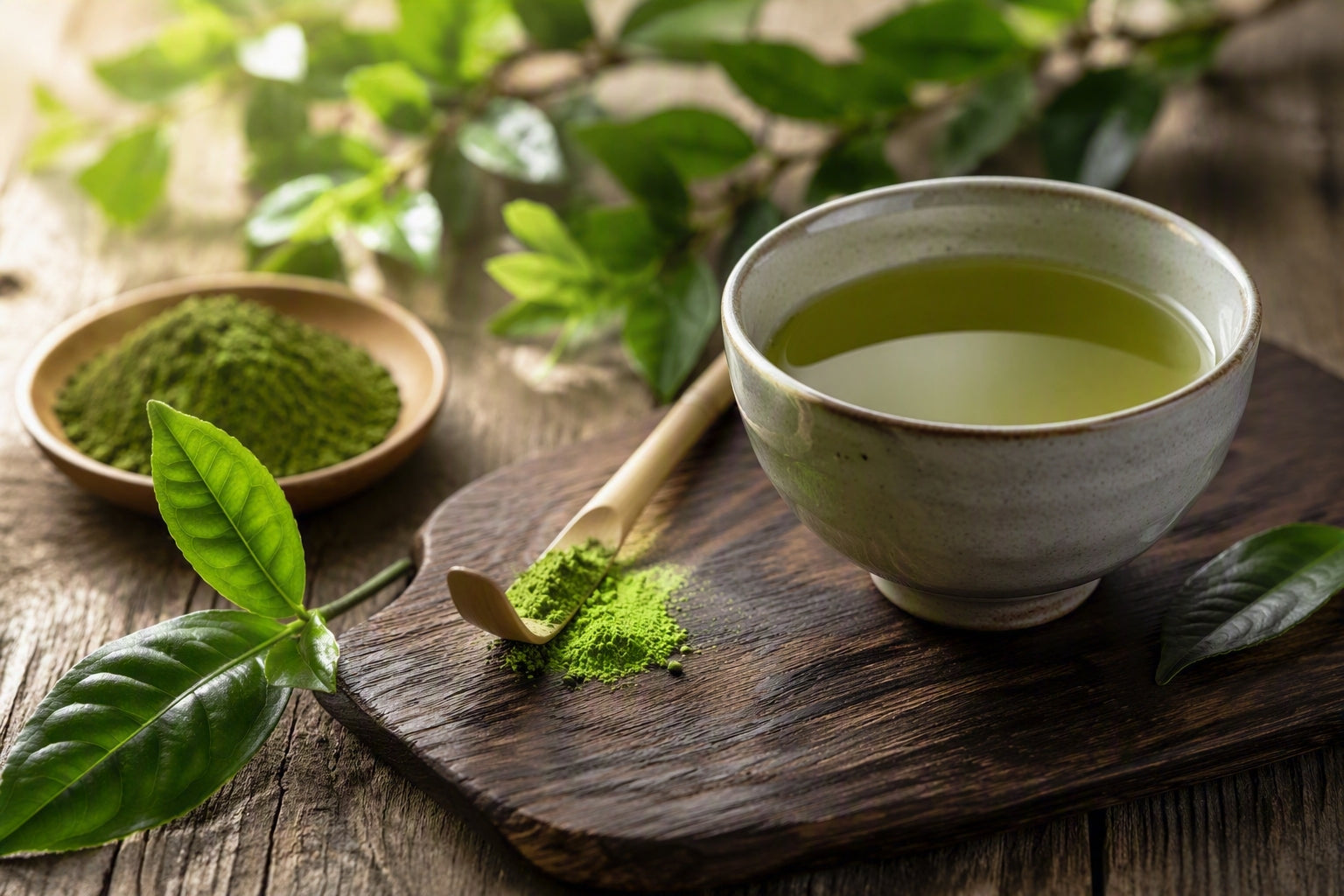 Keramiktasse mit hellgrünem Tee. Daneben Matcha-Pulver und Teeblätter