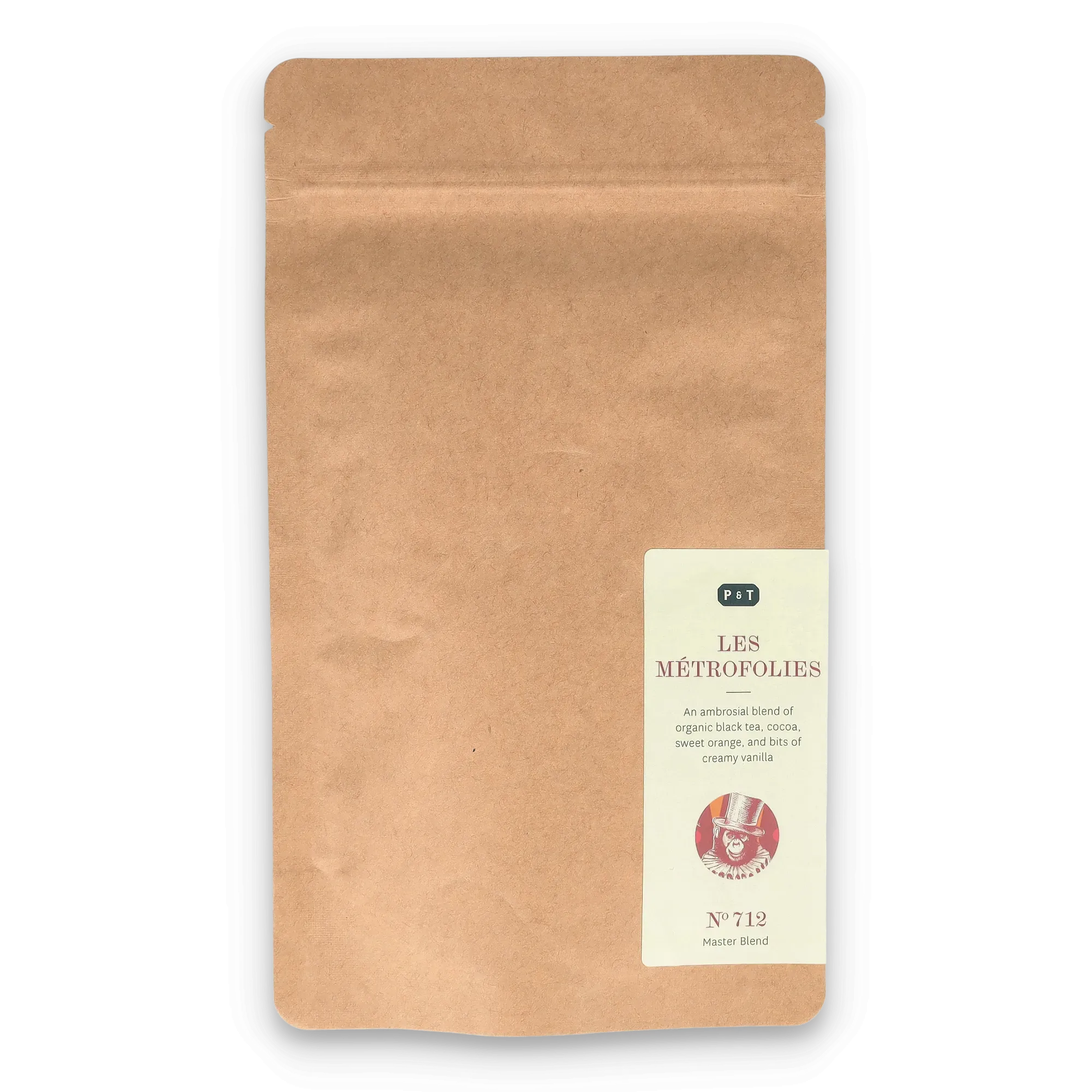 Brauner Kraftpapierbeutel mit Etikett: P & T LES MÉTROFOLIES Schwarztee, Kakao, Orange, Vanille, Affen-Illustration