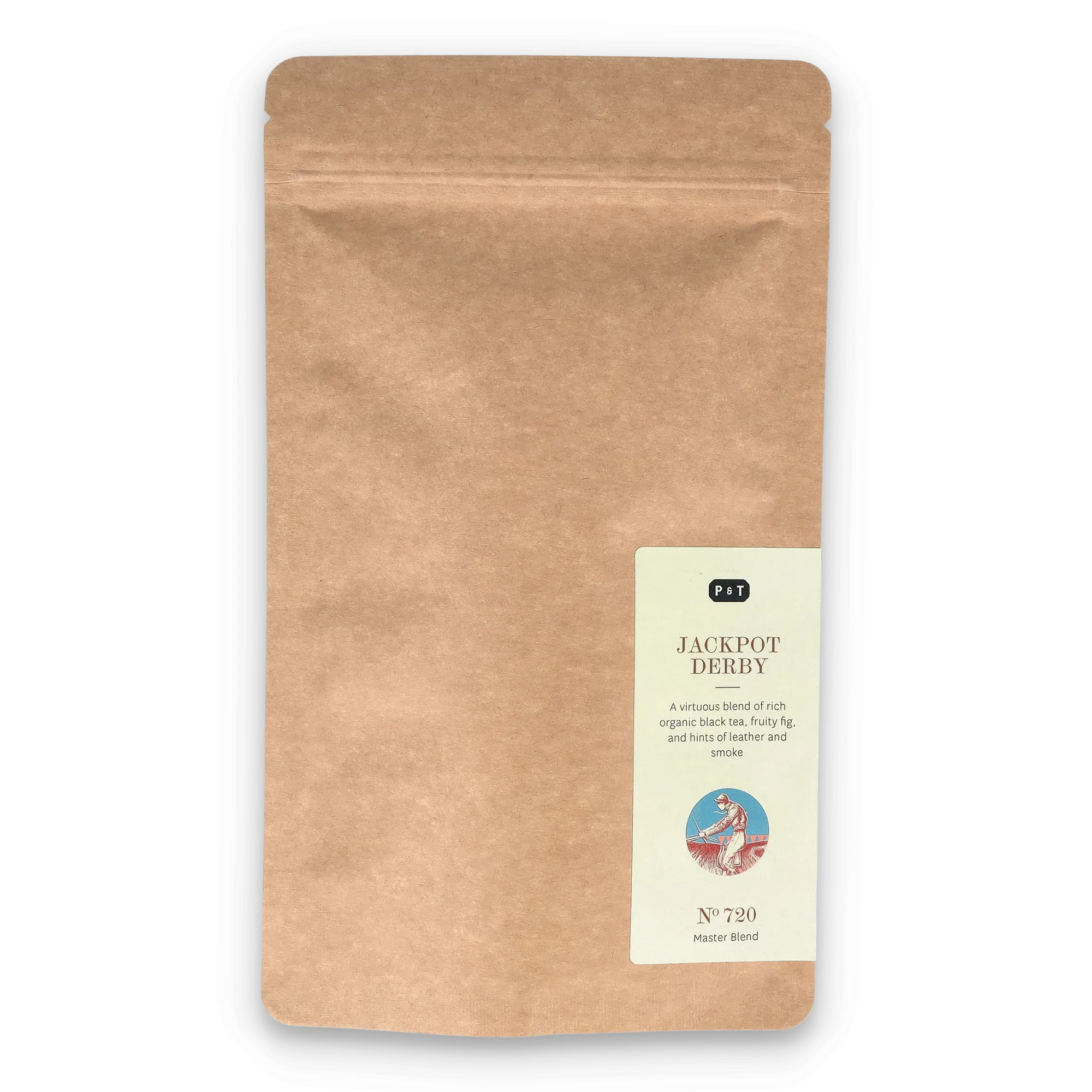 Braune Kraftpapier-Tüte mit P & T Jackpot Derby, Bio-Schwarztee mit Feigen-, Leder- und Rauchnoten.
