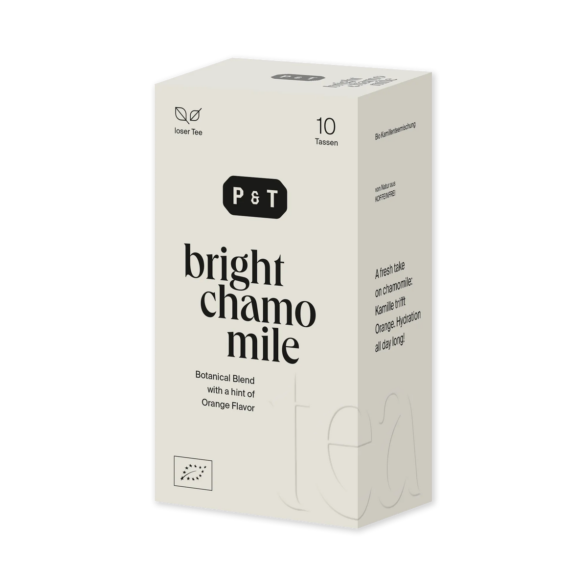 Beige rechteckige Verpackung von P&T Bright Chamomile, koffeinfreier Tee mit Orangengeschmack.