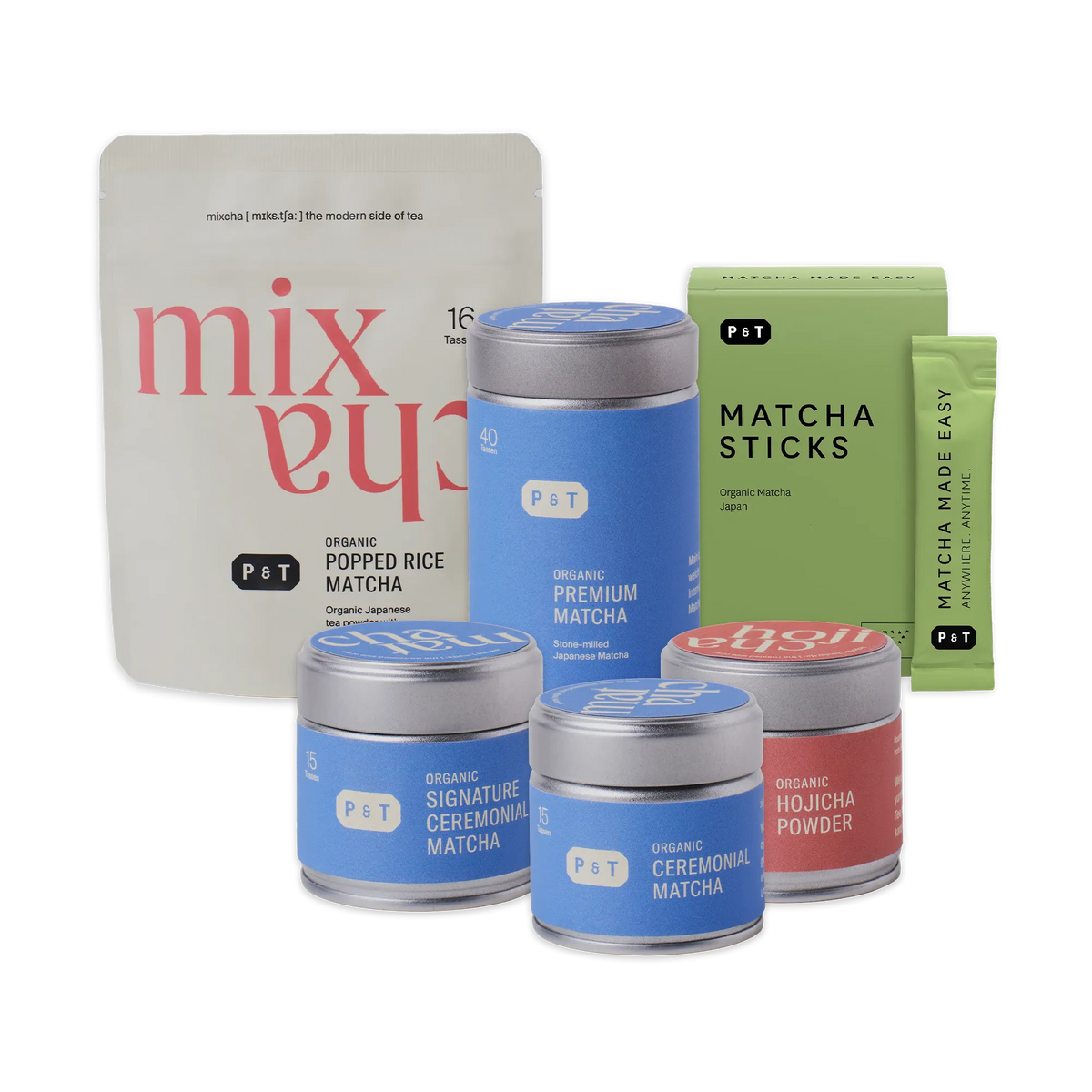 Verschiedene P&T Matcha-Teesorten, inklusive Matcha Pouch, Sticks und zeremonielle Dosen.