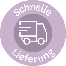 Weißer Lieferwagen mit Bewegungslinien und 'Schnelle Lieferung' Schriftzug in lila Kreis
