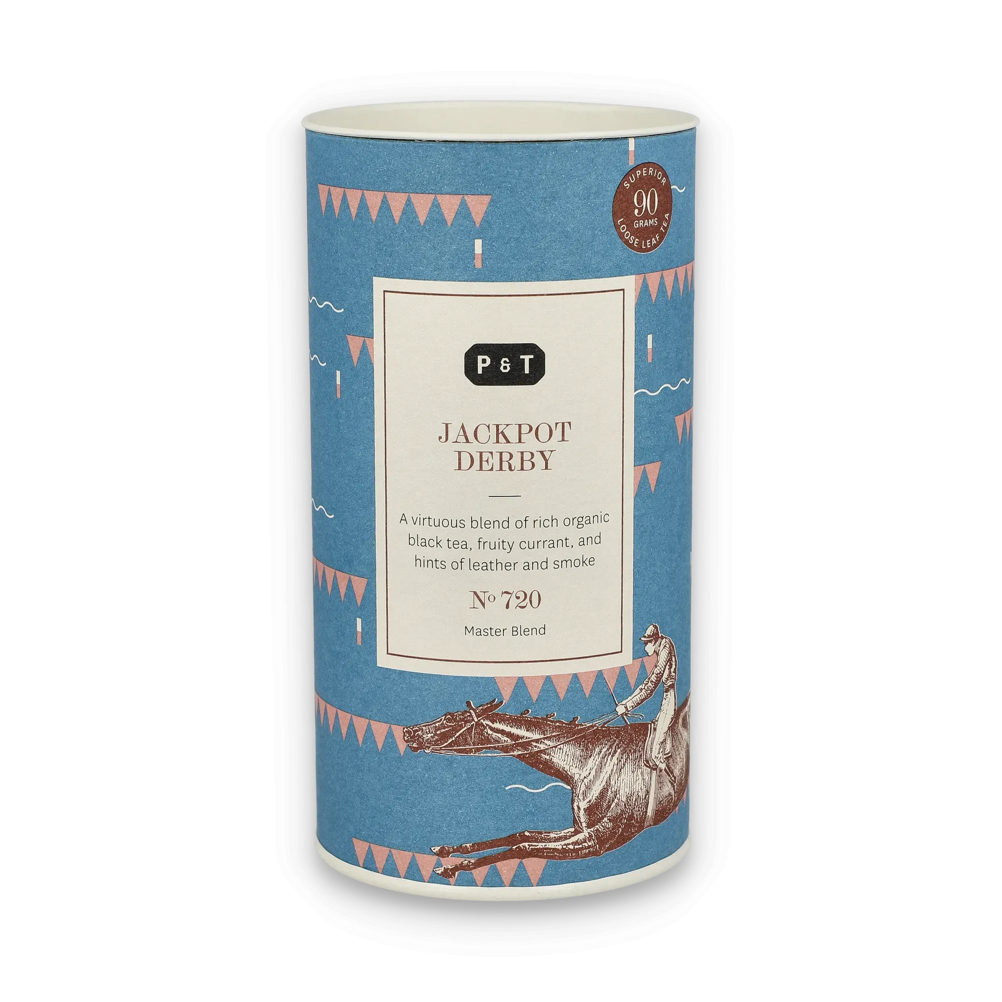 Blaue Teedose mit pinken Wimpeln, Etikett 'P & T Jackpot Derby', Bio-Schwarztee mit Johannisbeeren