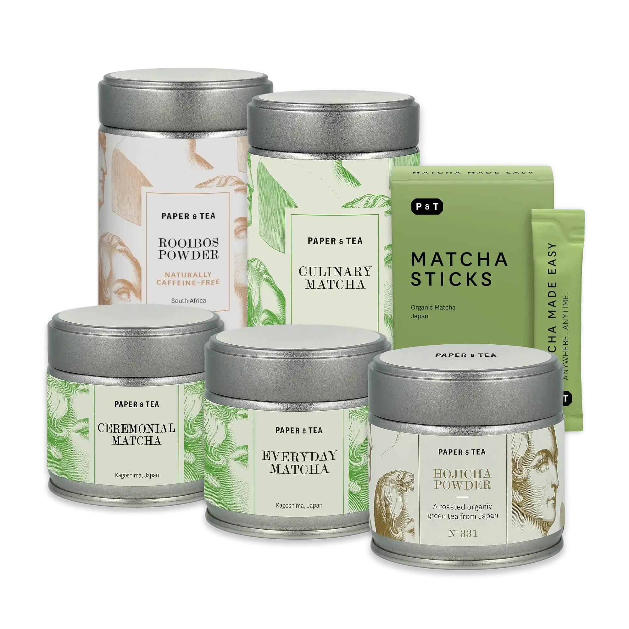 Sechs P&T Teedosen mit Illustrationen, darunter Matcha und Rooibos, neben einer grünen Box mit Matcha-Sticks.