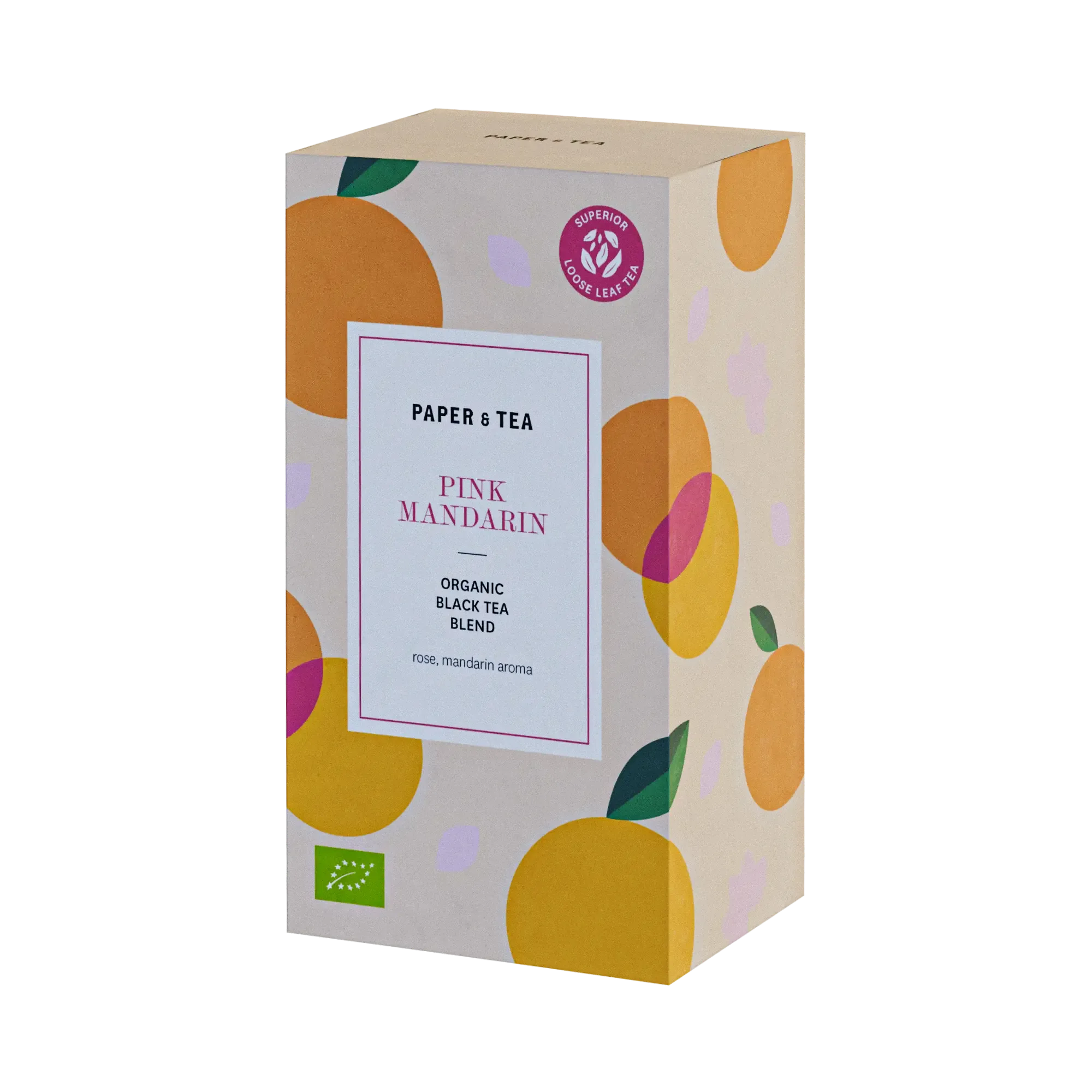 Paket von PAPER & TEA mit Bio Schwarztee-Mischung Pink Mandarin, Mandarinen- und Rosenaromen, nachhaltiges Design