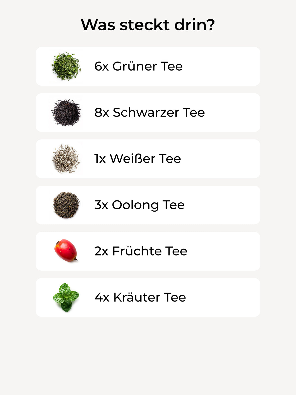 Übersicht von Teesorten: Grüner, Schwarzer, Weißer, Oolong, Früchte-, Kräutertee mit passenden Bildern.