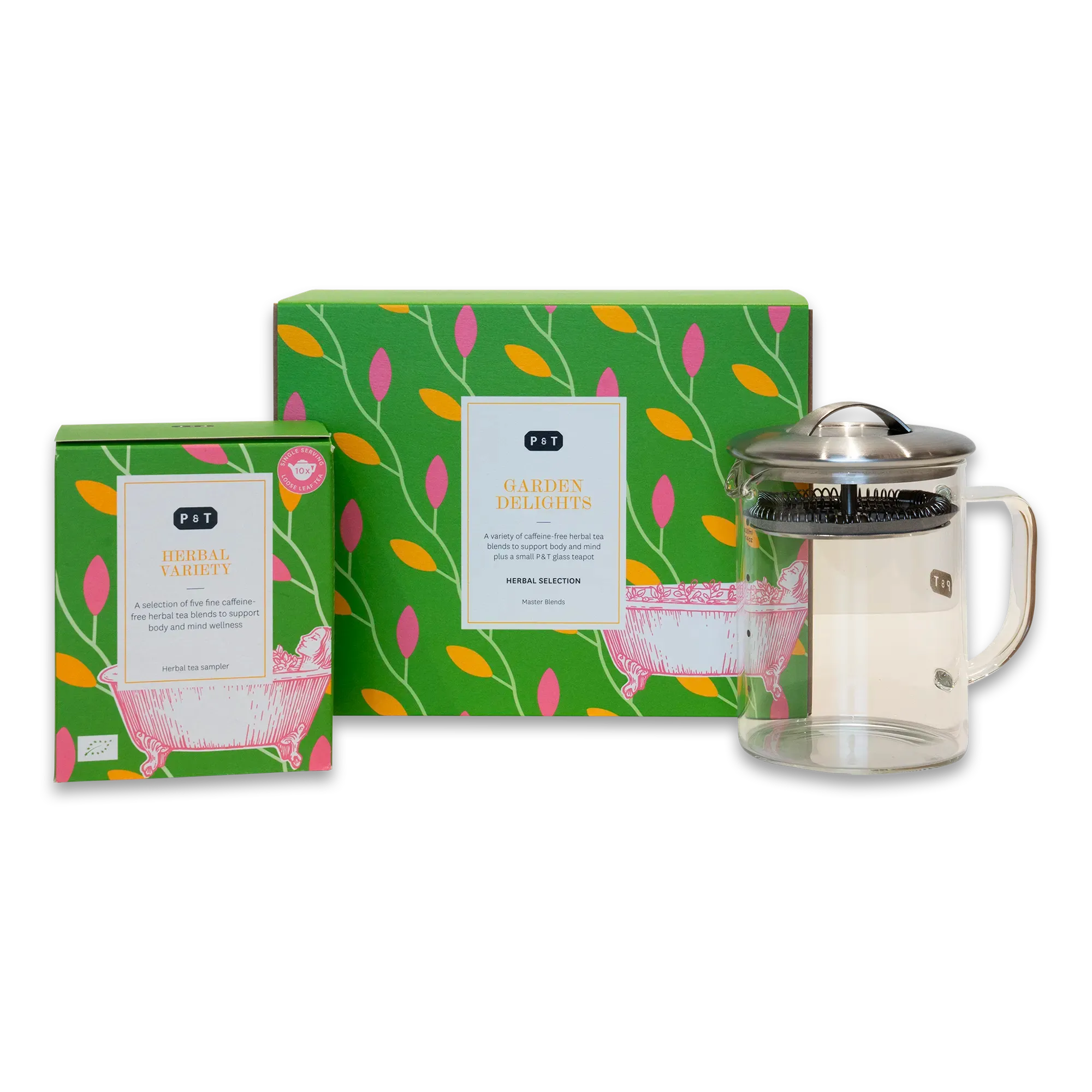 Zwei grüne Boxen mit orange-rosa Blättermuster, Teekanne mit Edelstahldeckel und Sieb, Paper & Tea Kräutertee.