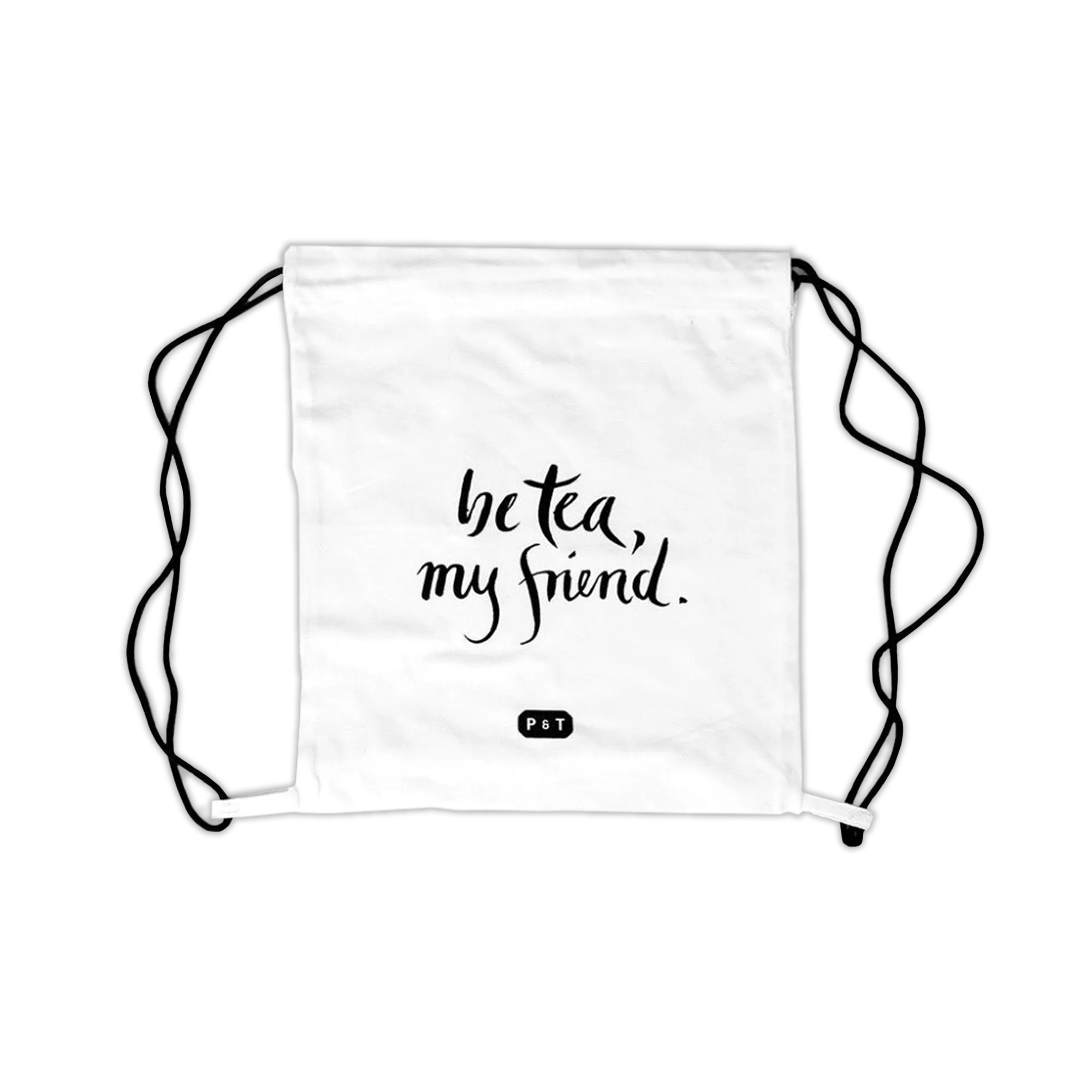 Weiße Baumwolltasche mit schwarzen Kordeln, Aufschrift ‚betea, my friend.‘ und kleinem P & T Logo.